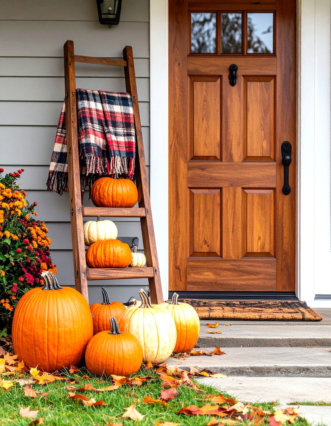 Rustic Wooden Ladder Displaying Plaid Throws - 20 Front Door Fall Decor Ideas