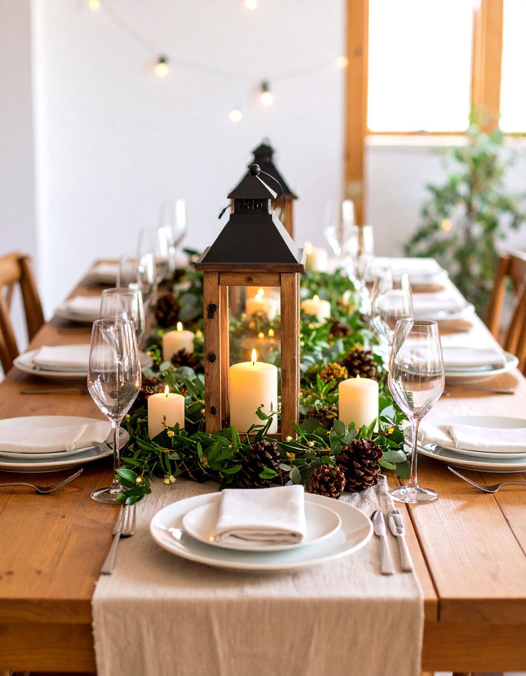 Rustic Wooden Lantern Centerpiece with Eucalyptus Garland - 20 Lantern Centerpiece Ideas