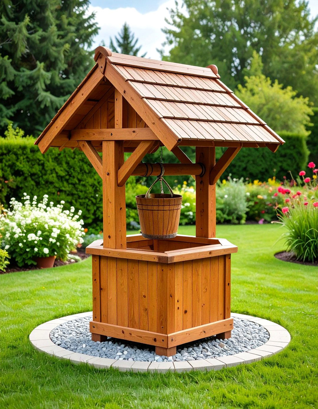 Rustic Wooden Outdoor Wishing Well with Cedar Shingles - 20 Outdoor Wishing Well Garden Ideas