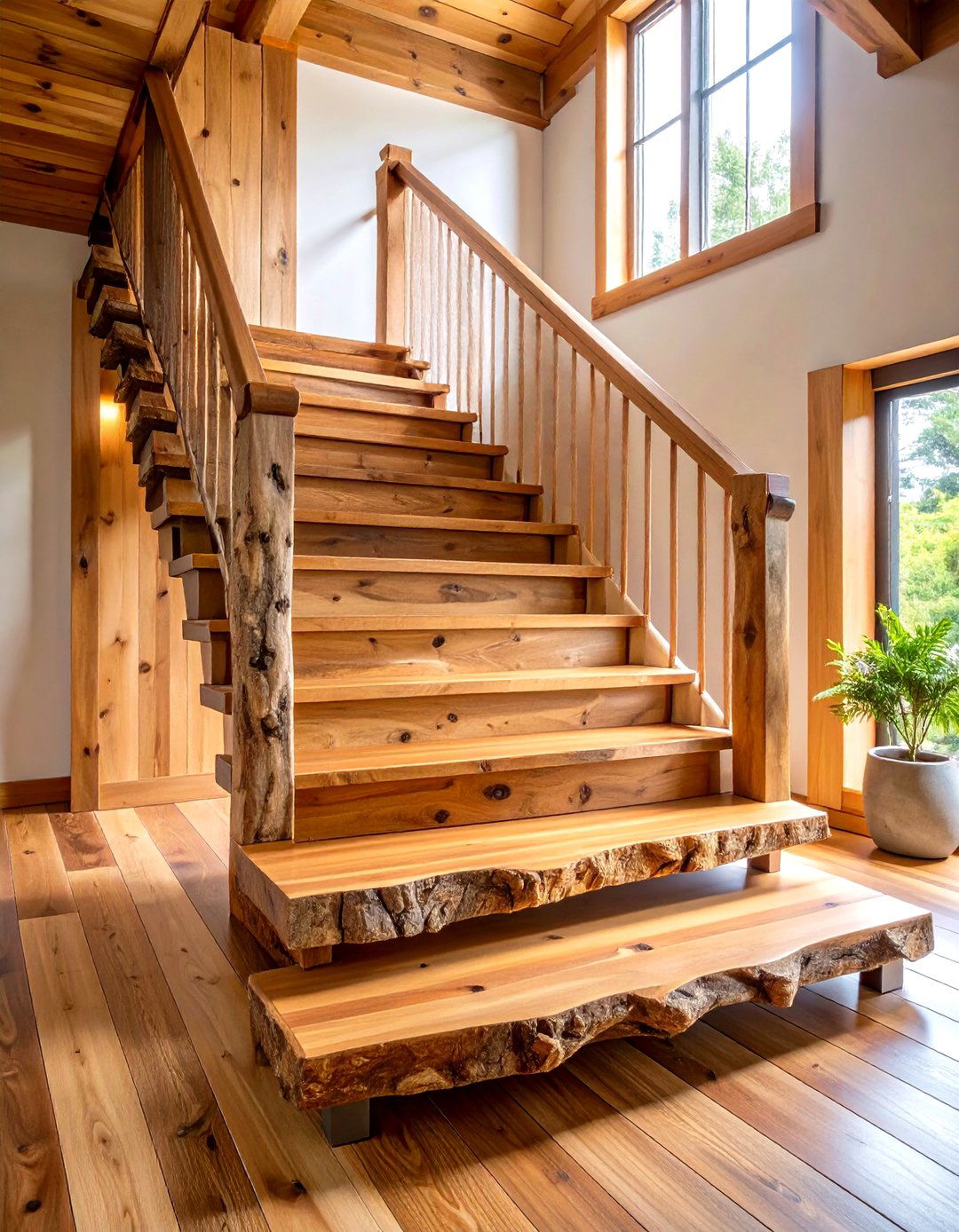 Rustic Wooden Staircase with Live Edge Treads - 20 Wooden Staircase Ideas