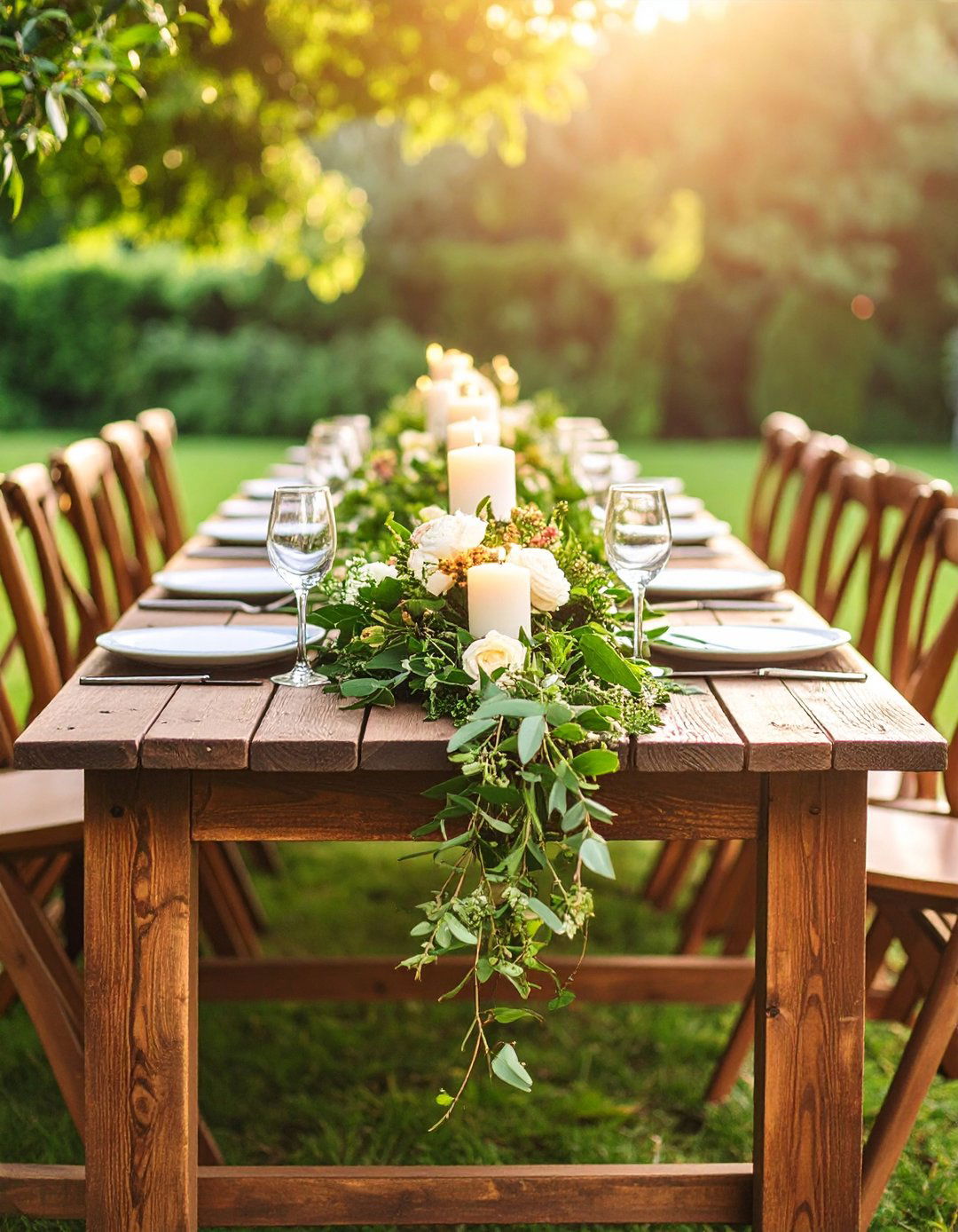 Rustic Wooden Tables with Greenery Runners for Garden Receptions - 20 Garden Wedding Ideas