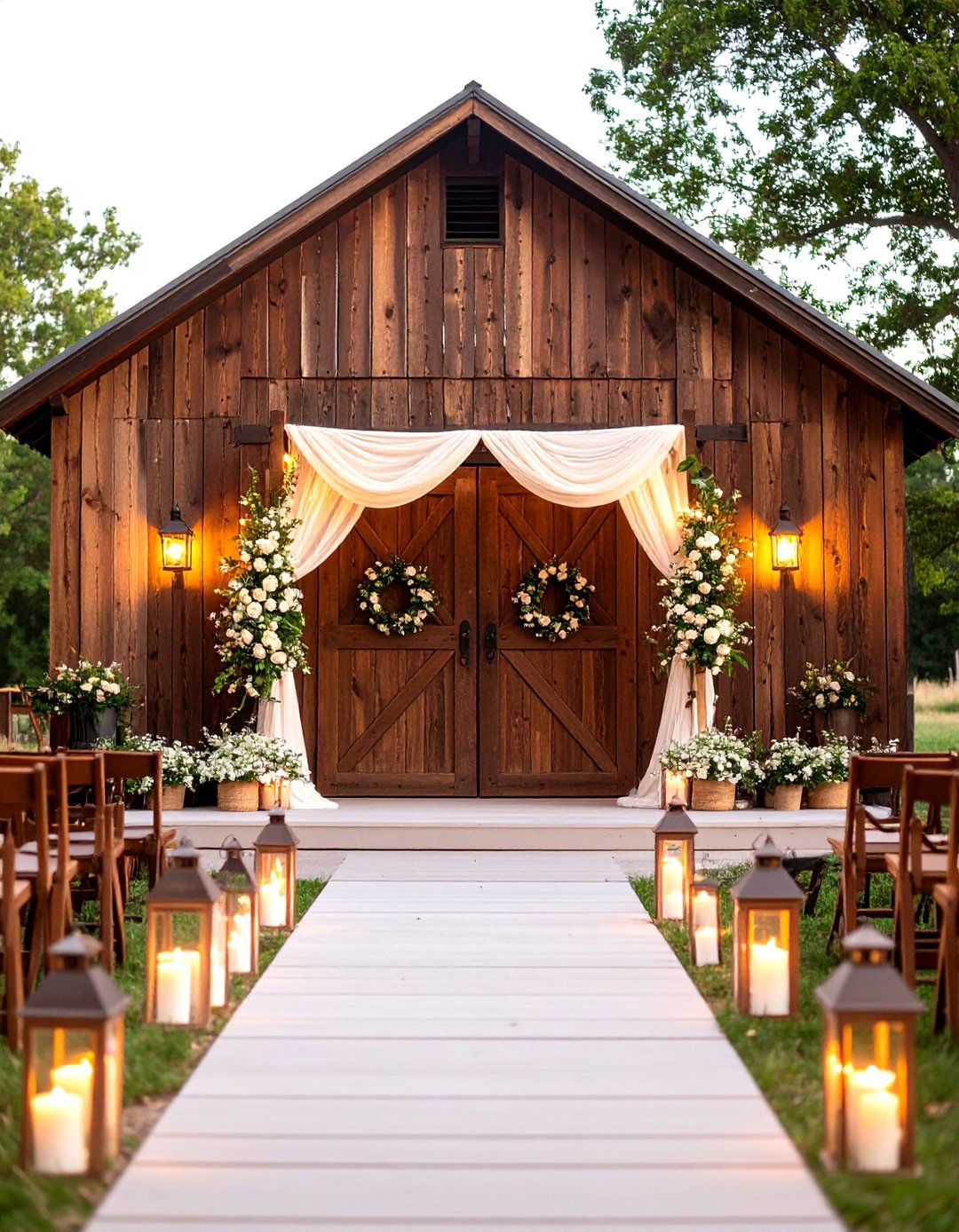 Rustic Wooden Wedding Altar with Barn Door Details - 20 Wedding Altar Ideas
