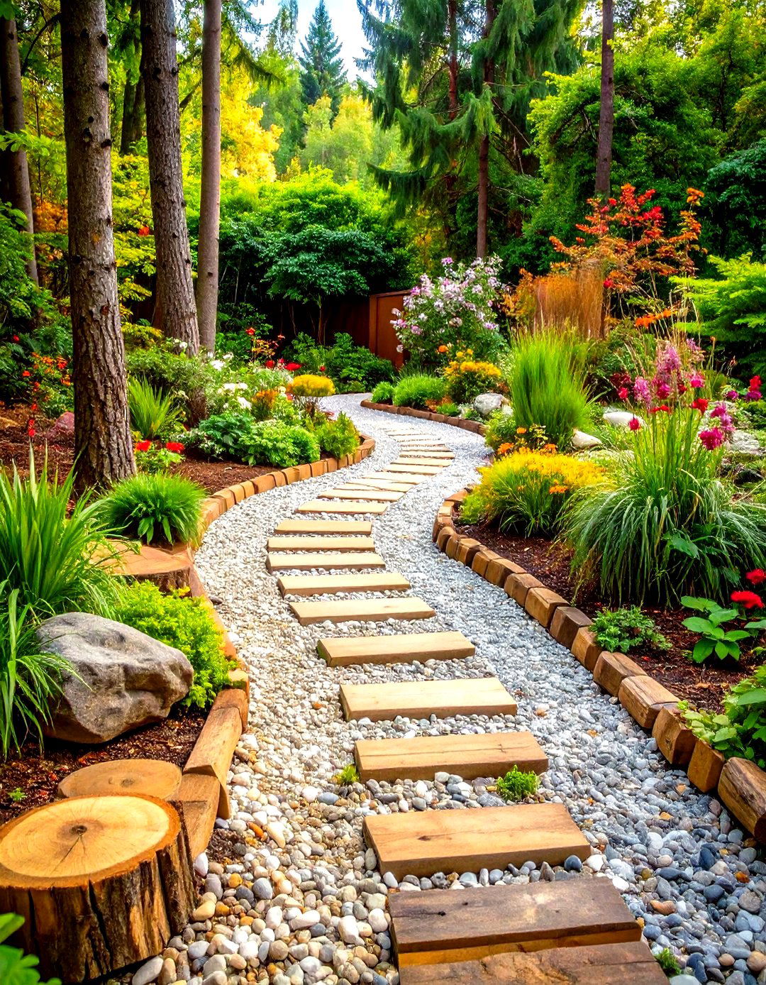 Rustic Woodland Pea Gravel Walkway with Log Edging - 20 Pea Gravel Walkway Ideas