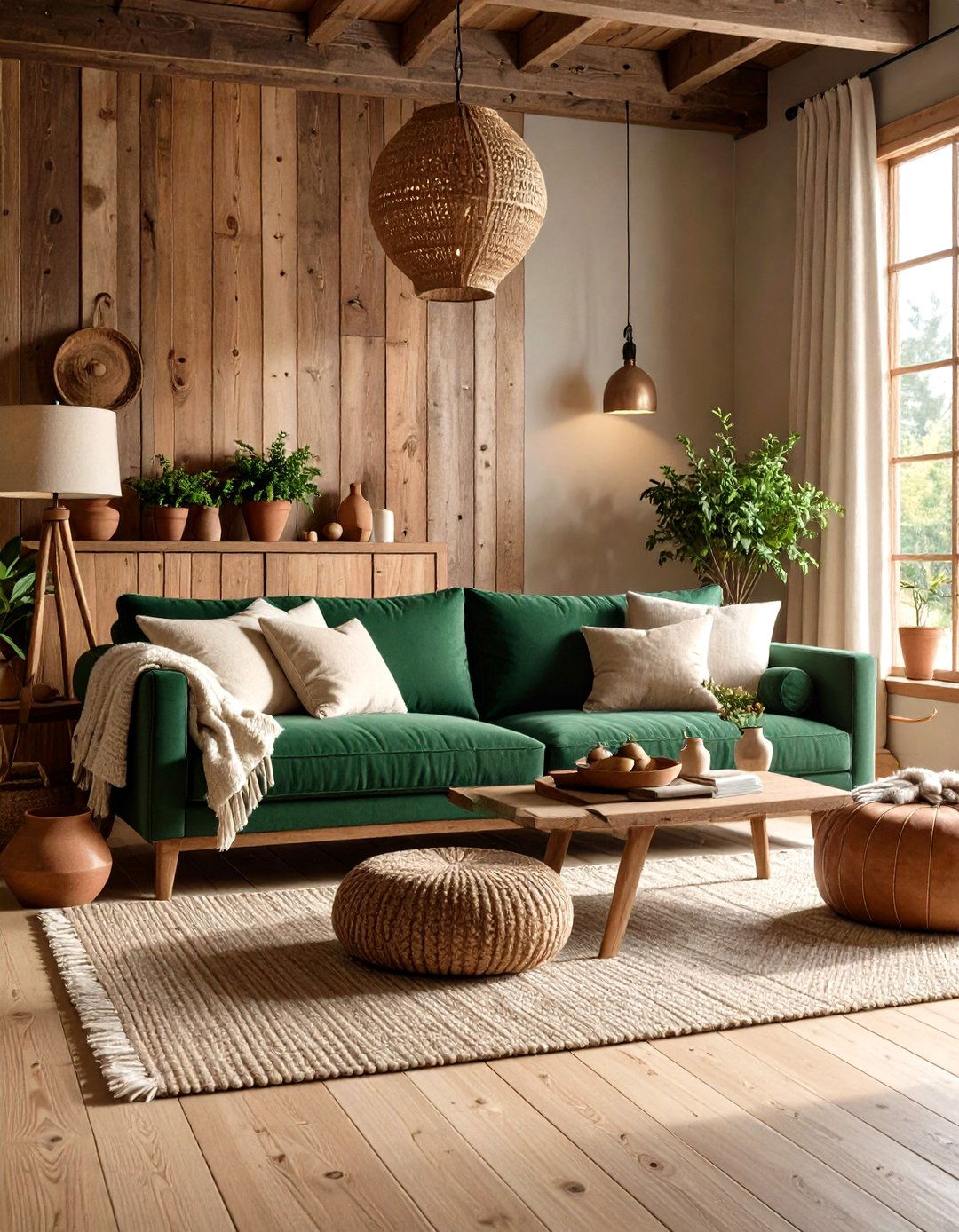 Rustic Woods and Terracotta Warmth - 20 Emerald Green Sofa Living Room Ideas