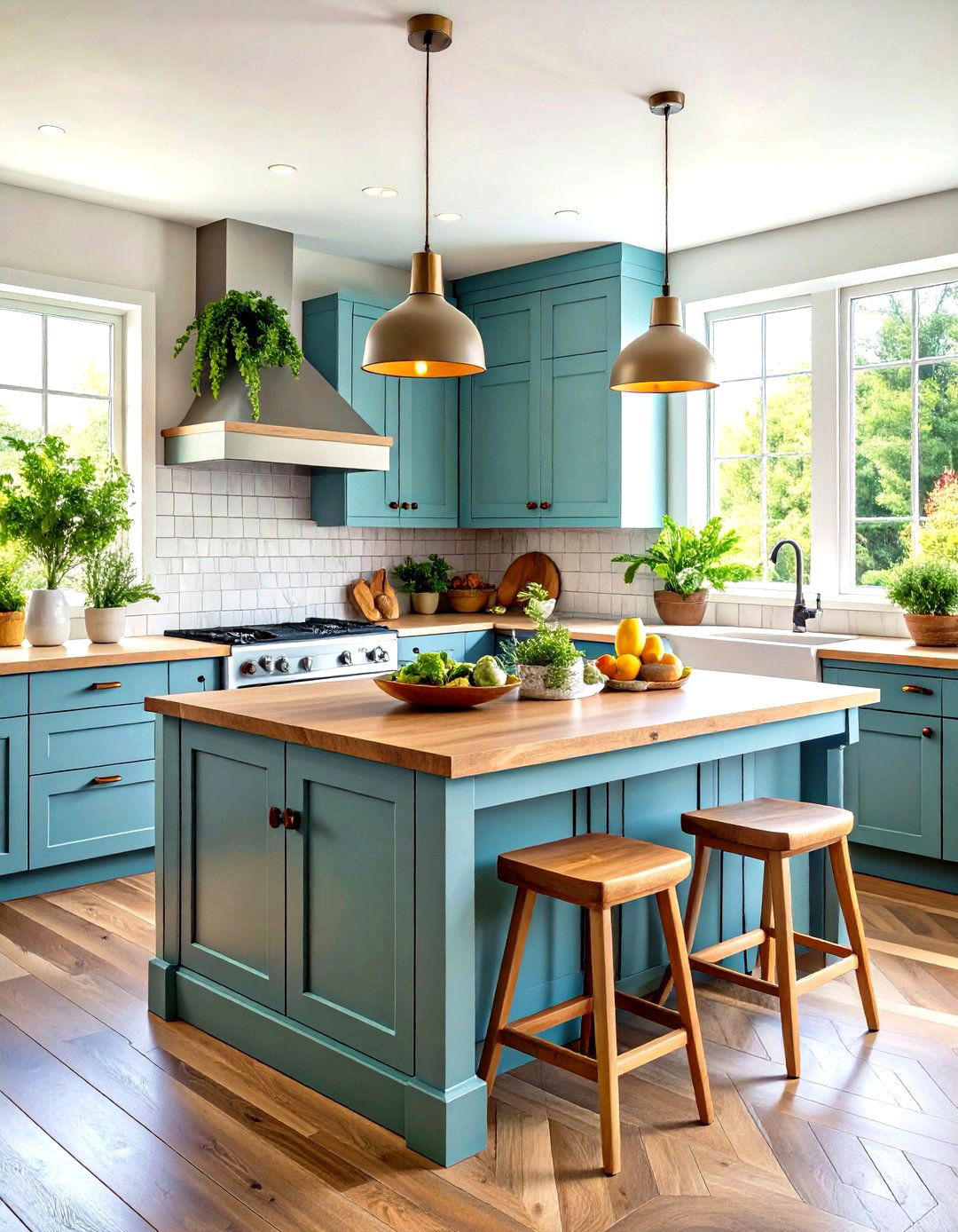 Sage Blue Kitchen Island with Natural Elements - 20 Blue Kitchen Island Ideas