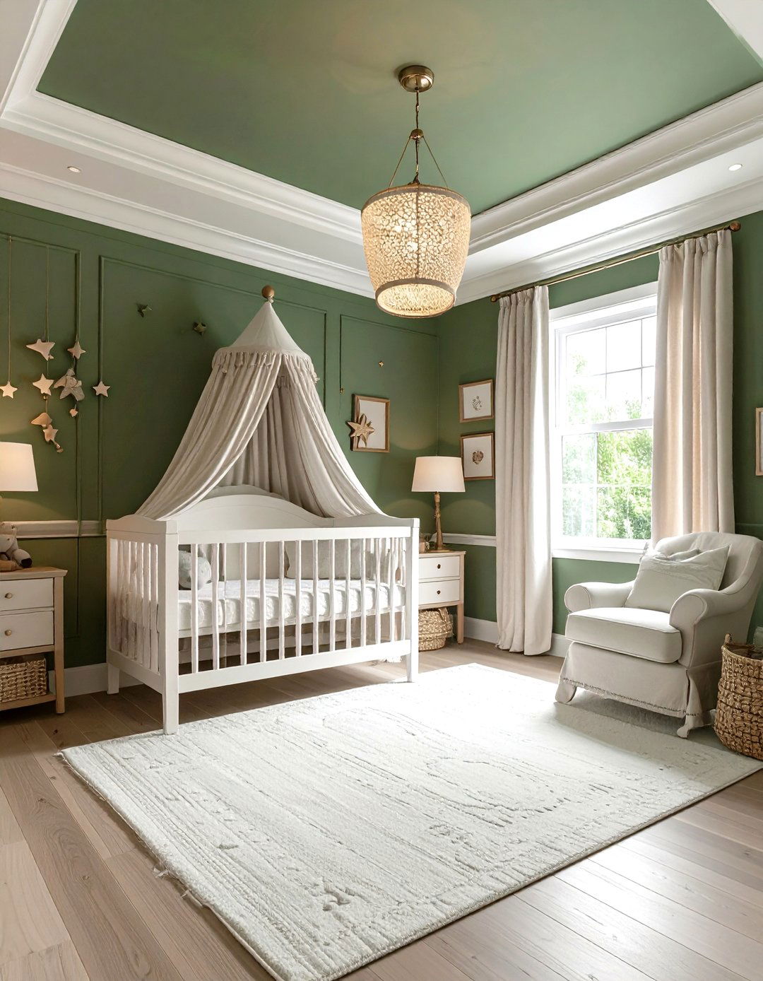 Sage Contrast Ceiling over a Dark Green Nursery - 20 Dark Green Nursery Ideas