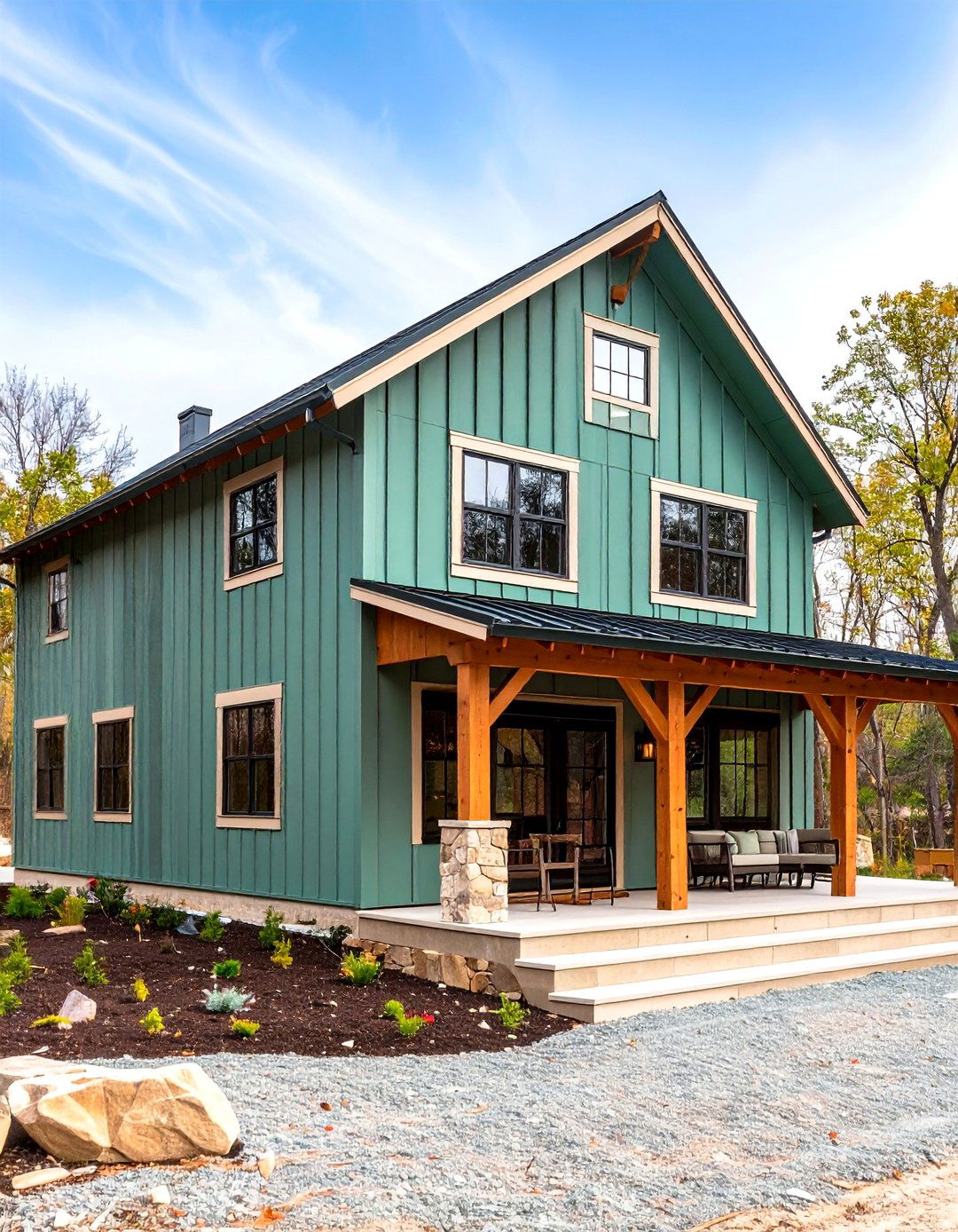 Sage Green Barndominium Exterior with Natural Accents - 20 Pole Barn and Barndominium House Exteriors