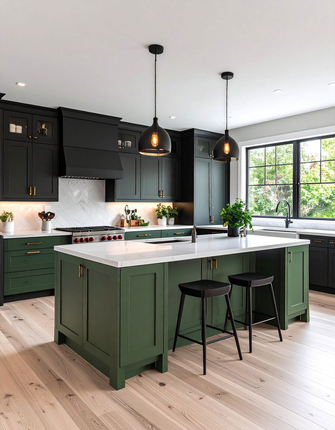 Sage Green Base Cabinets with Black Upper Cabinets - 20 Sage Green and Black Kitchen Ideas
