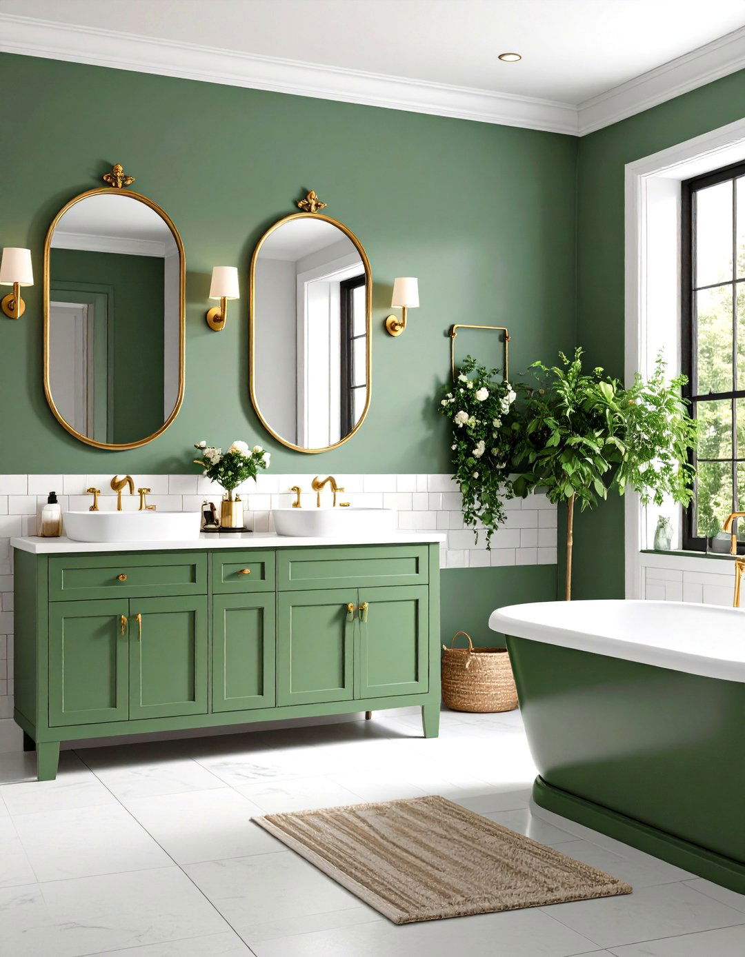 Sage Green Bathroom with Brass Fixtures and Vintage Appeal - 20 Sage Green Bathroom Ideas