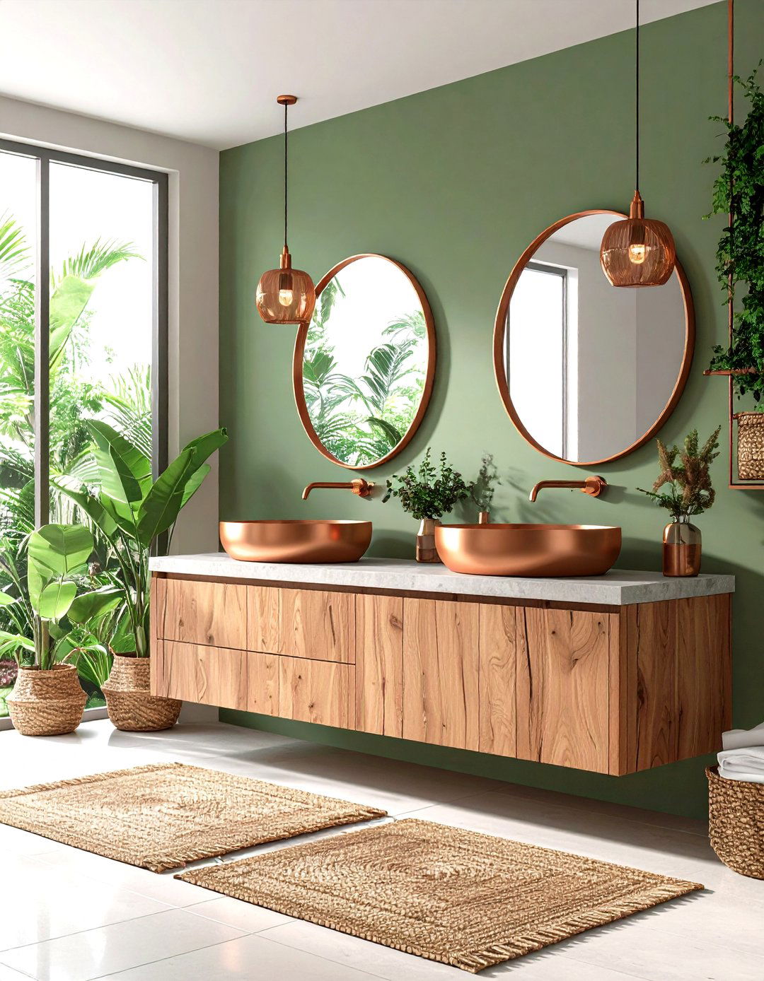 Sage Green Bathroom with Copper Accents and Warm Textures - 20 Sage Green Bathroom Ideas