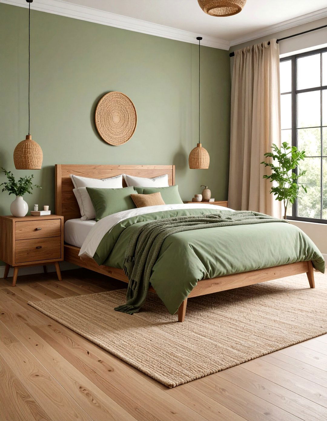 Sage Green Bedroom with Warm Wood Serenity - 20 Green Bedroom Ideas
