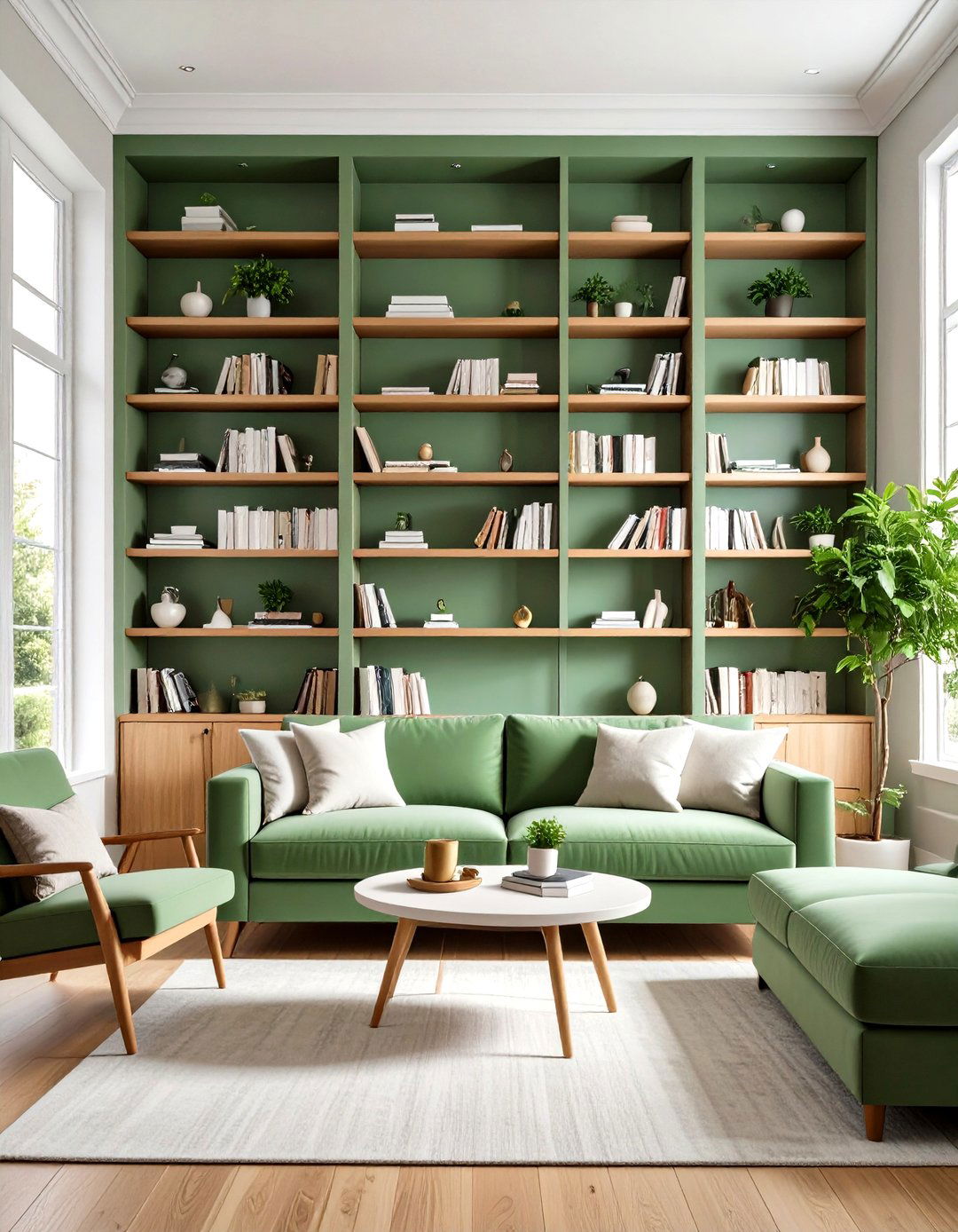 Sage Green Built Ins and Molding - 20 Sage Green Living Room Ideas