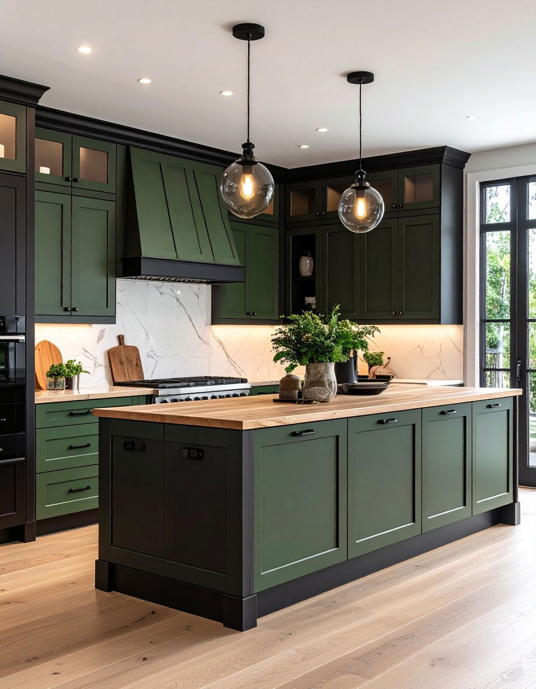 Sage Green Cabinet Inlays with Black Framing - 20 Sage Green and Black Kitchen Ideas