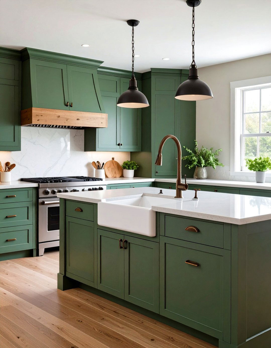 Sage Green Cabinets with Farmhouse Apron Sink - 20 Rustic Sage Green Kitchen Cabinets
