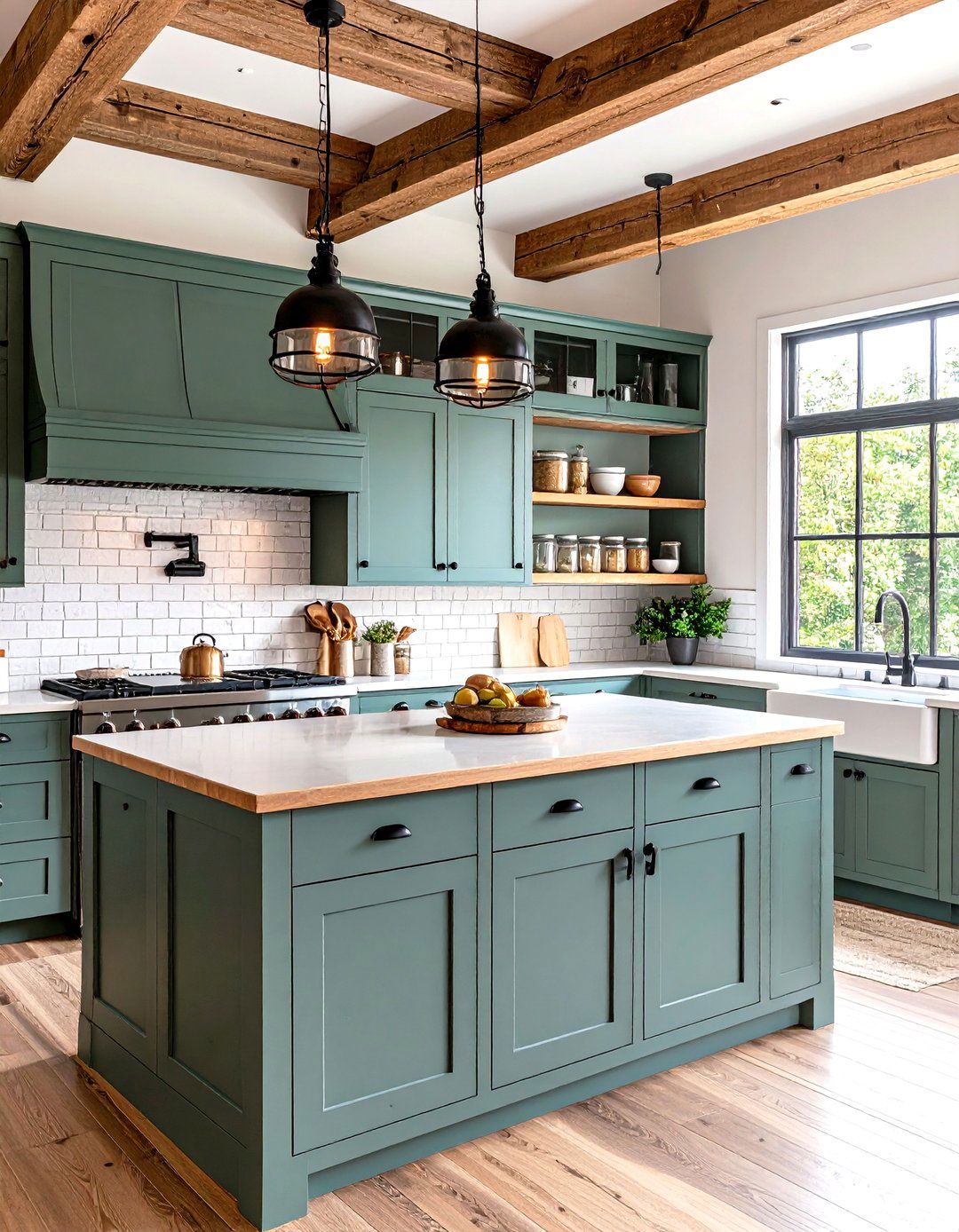 Sage Green Cabinets with Hickory Butcher Block Country Kitchen Design - 20 Sage Green Kitchen Cabinets With Butcher Block Countertops