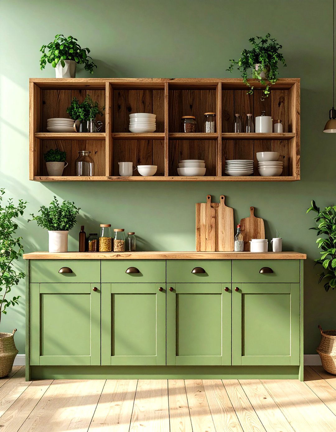 Sage Green Cabinets with Open Shelving - 20 Rustic Sage Green Kitchen Cabinets