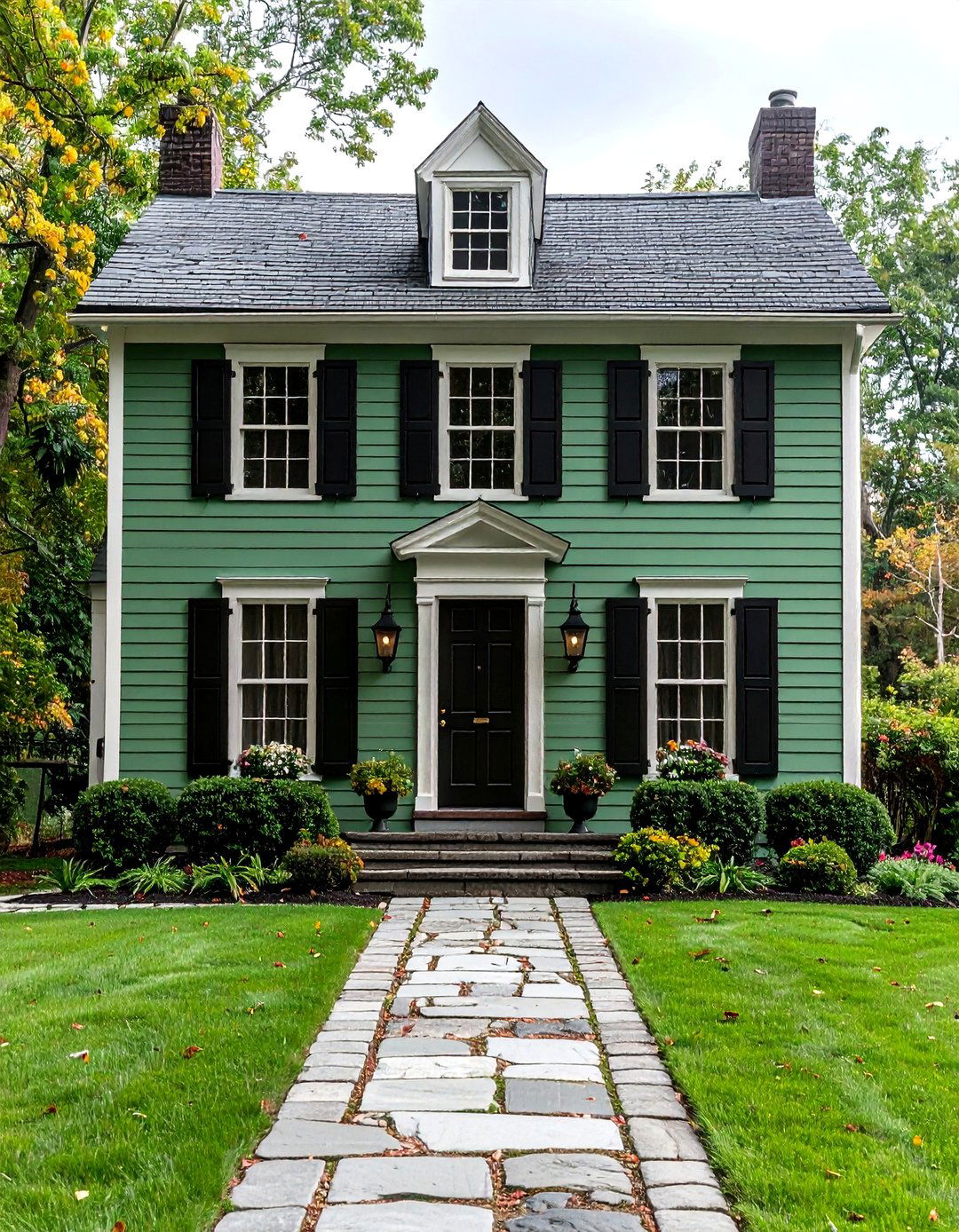 Sage Green Colonial Revived With Jet Black Shutters - 20 Green House Exterior With Black Trim