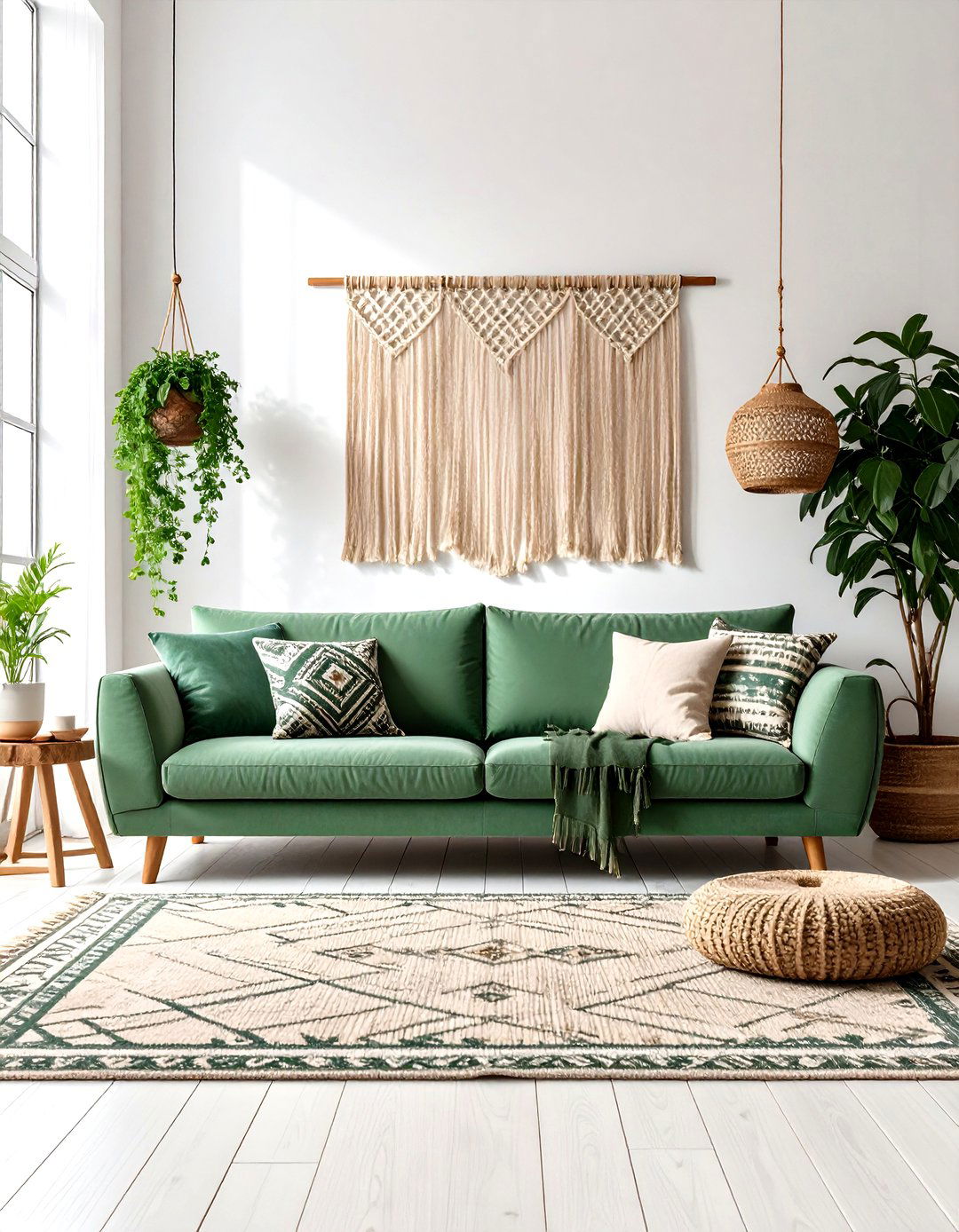 Sage Green Couch Anchoring Boho Textured Space - 20 sage green couch living room ideas