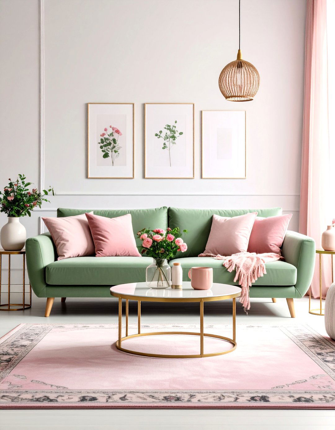 Sage Green Couch Complemented by Soft Blush Accents - 20 sage green couch living room ideas