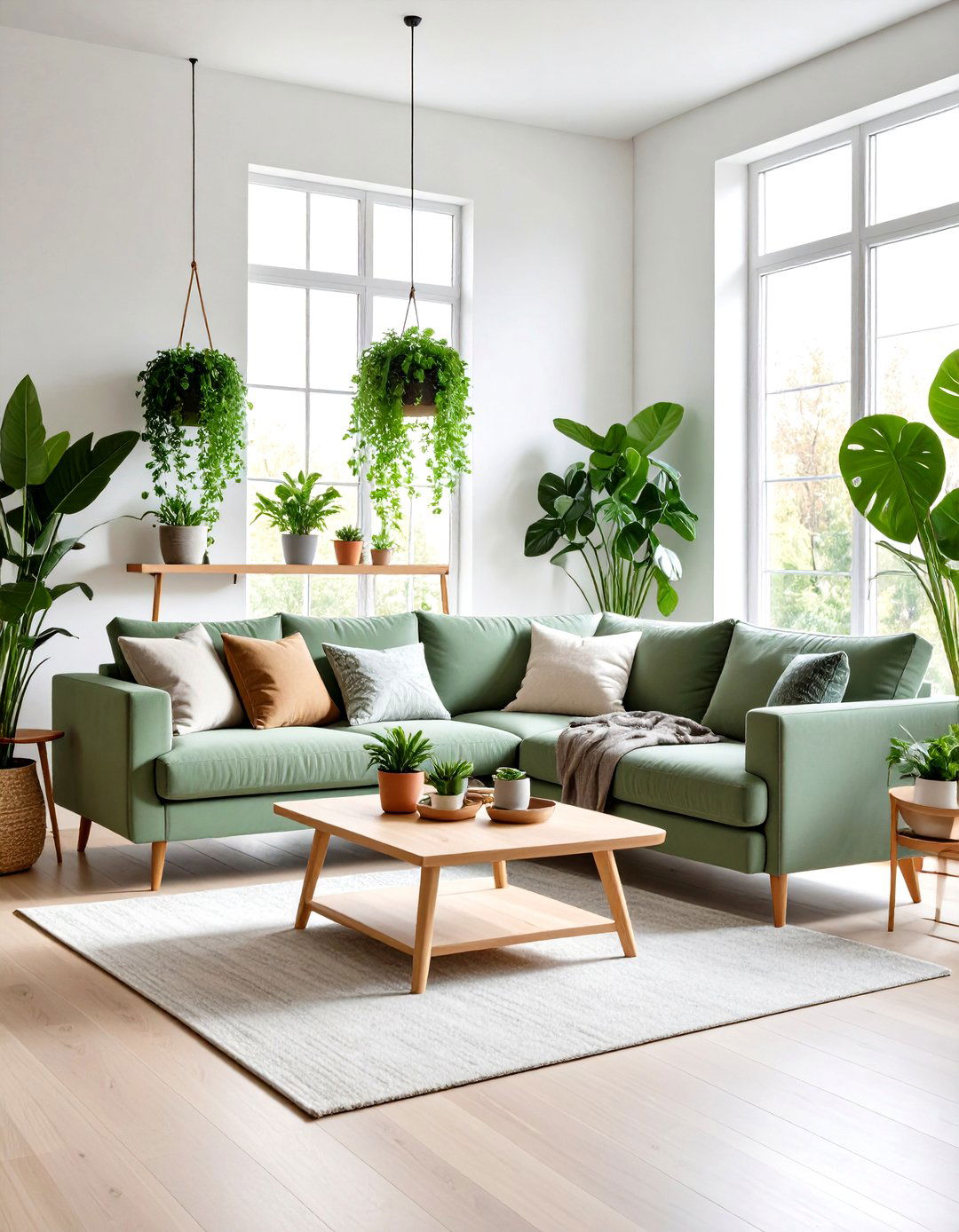 Sage Green Couch Elevated by Layered Greenhouse Plants - 20 sage green couch living room ideas