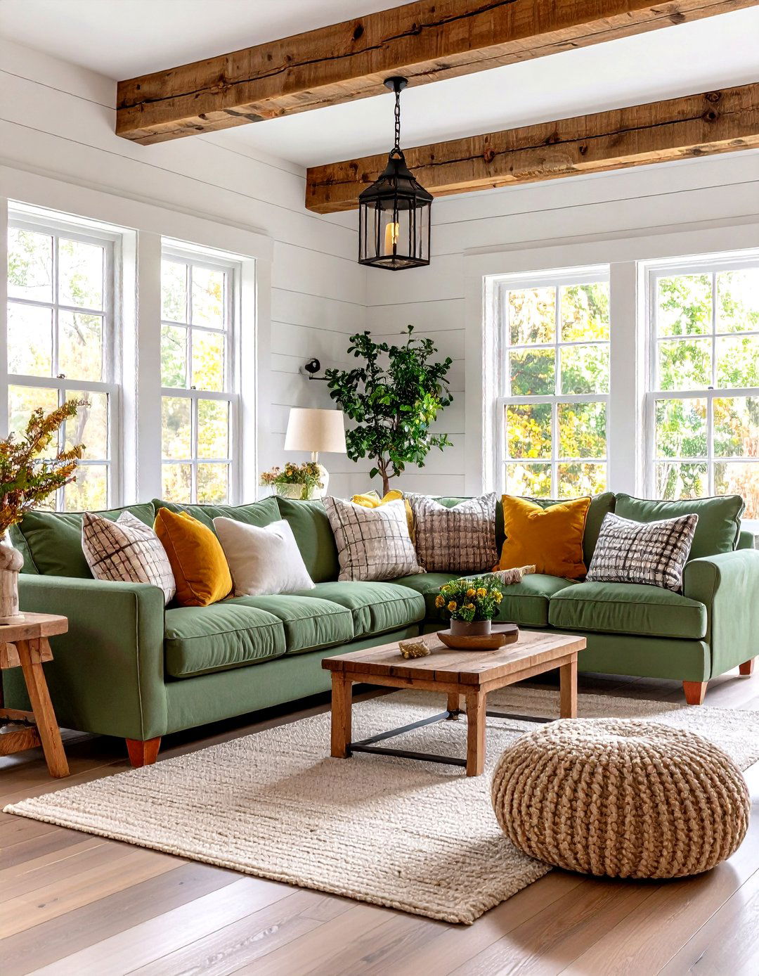 Sage Green Couch Framed by Rustic Farmhouse Whites - 20 sage green couch living room ideas