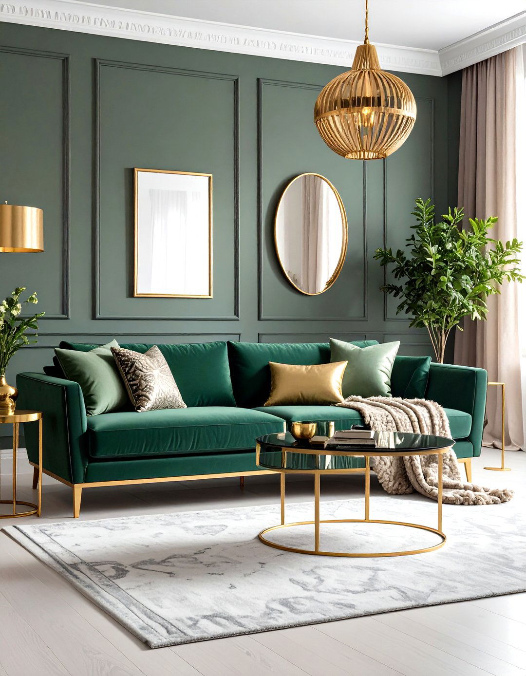 Sage Green Couch Highlighted by Metallic Gold Details - 20 sage green couch living room ideas