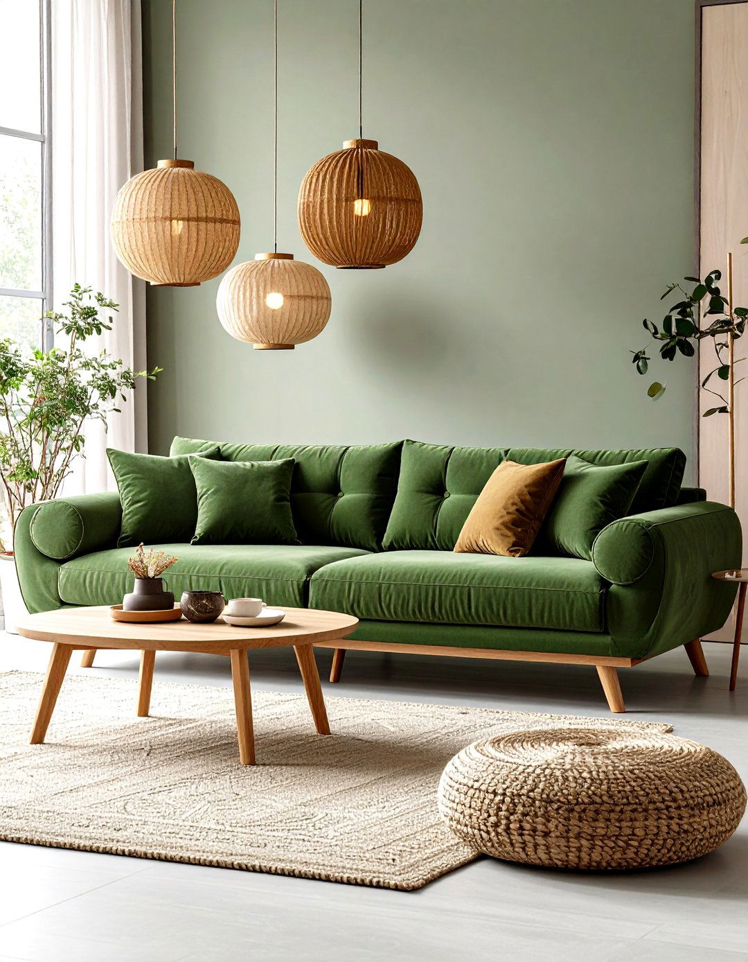 Sage Green Couch in Japandi Low Furniture Layout - 20 sage green couch living room ideas