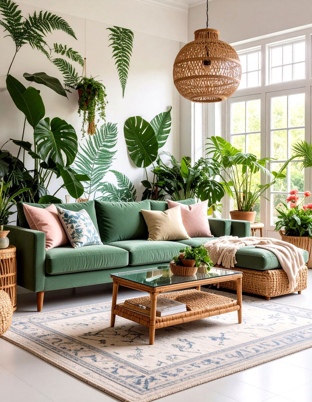 Sage Green Couch under Botanical Wallpaper Statement - 20 sage green couch living room ideas