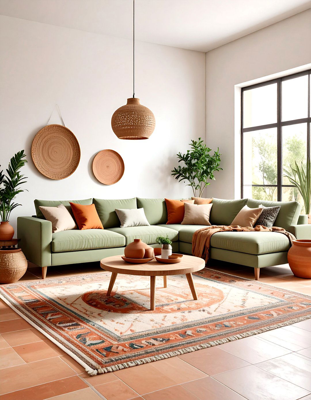 Sage Green Couch with Earth Tone Terracotta Flooring - 20 sage green couch living room ideas