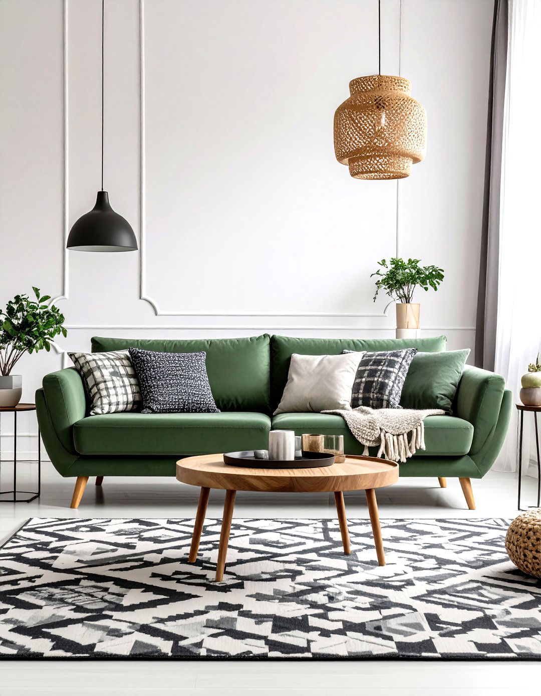 Sage Green Couch with Geometric Black and White Rug - 20 sage green couch living room ideas