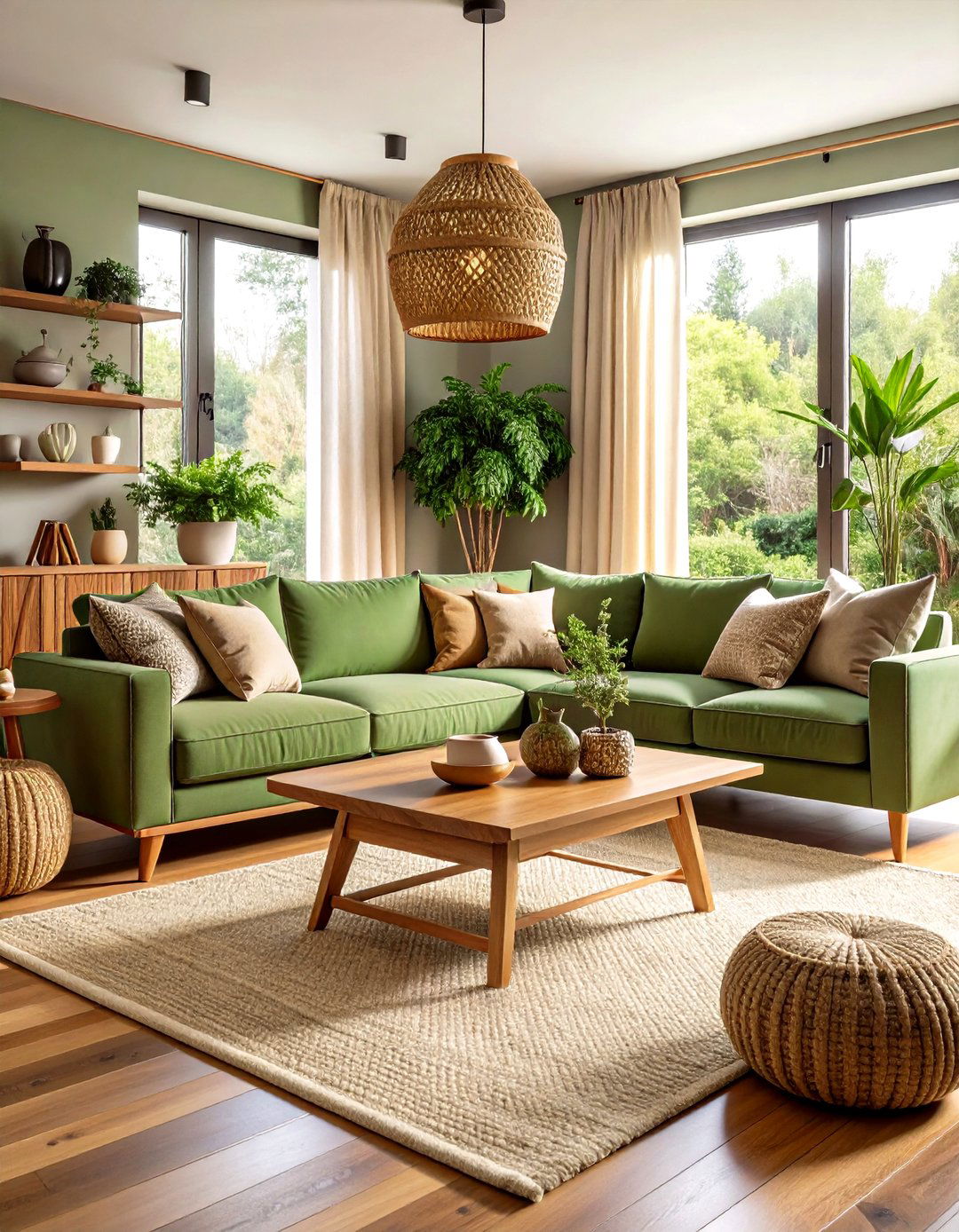 Sage Green Couch with Natural Wood and Linen - 20 sage green couch living room ideas