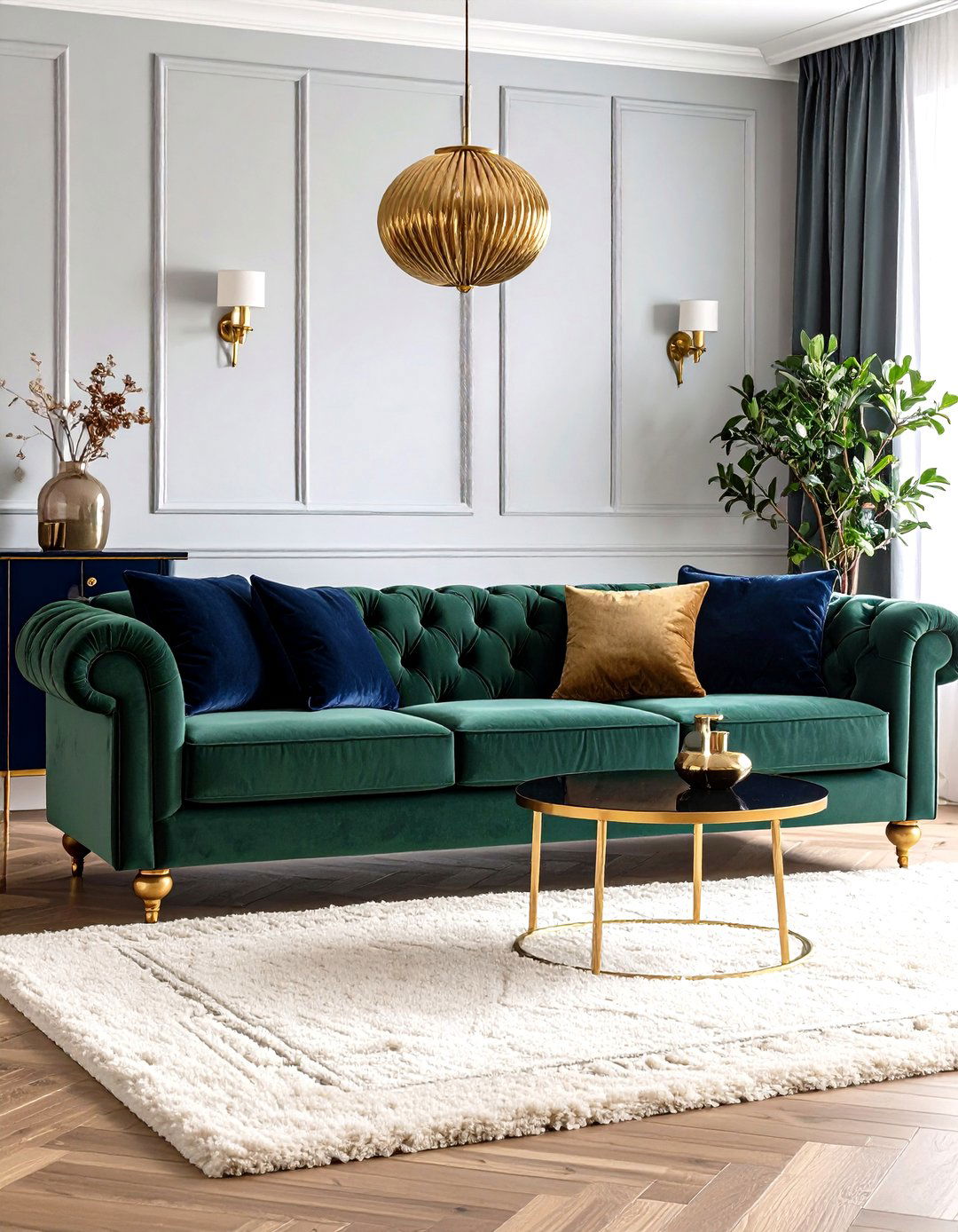 Sage Green Couch with Navy and Brass Accents - 20 sage green couch living room ideas