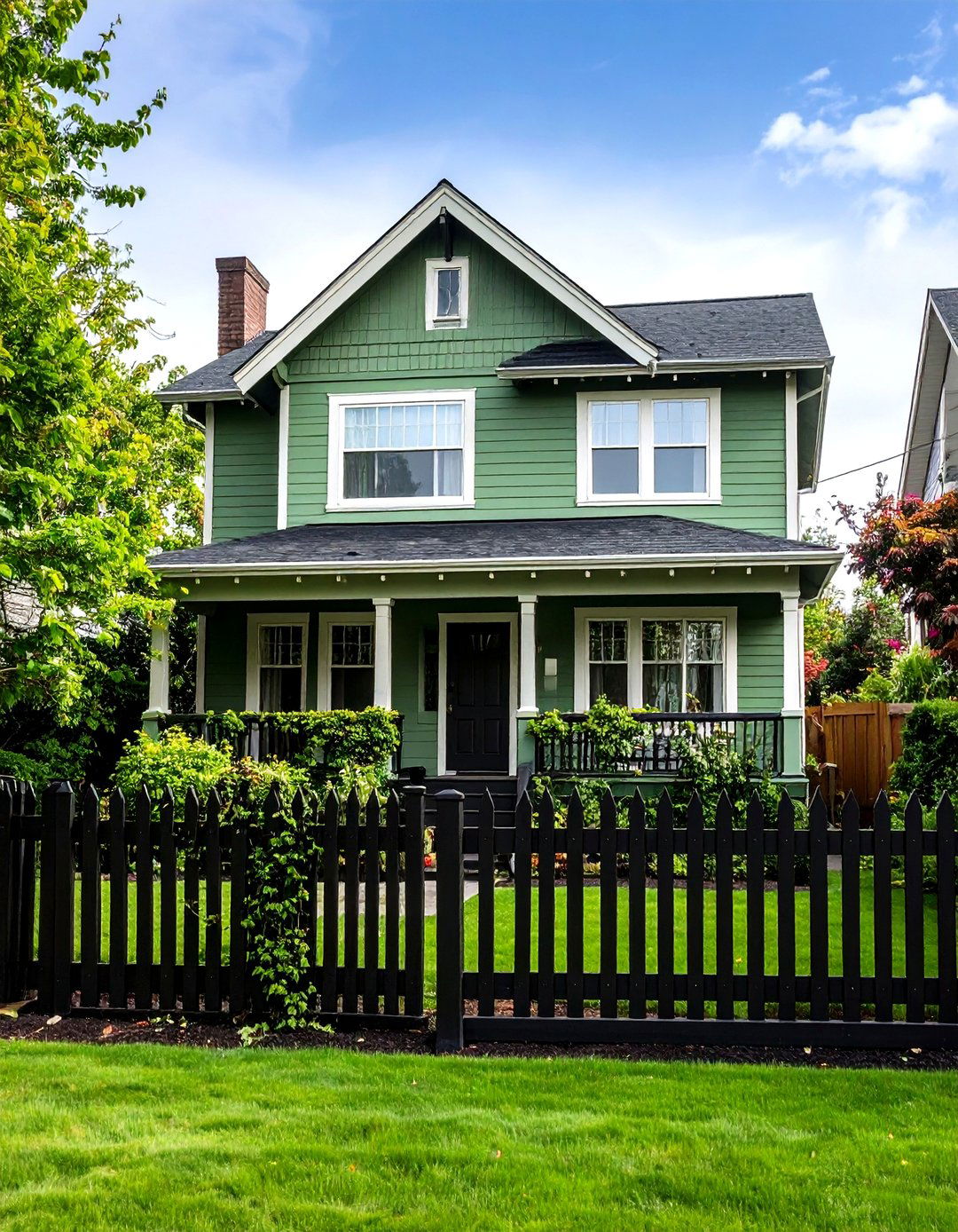 Sage Green House with Black Fence and Railing - 20 Sage Green House With Black Trim Ideas