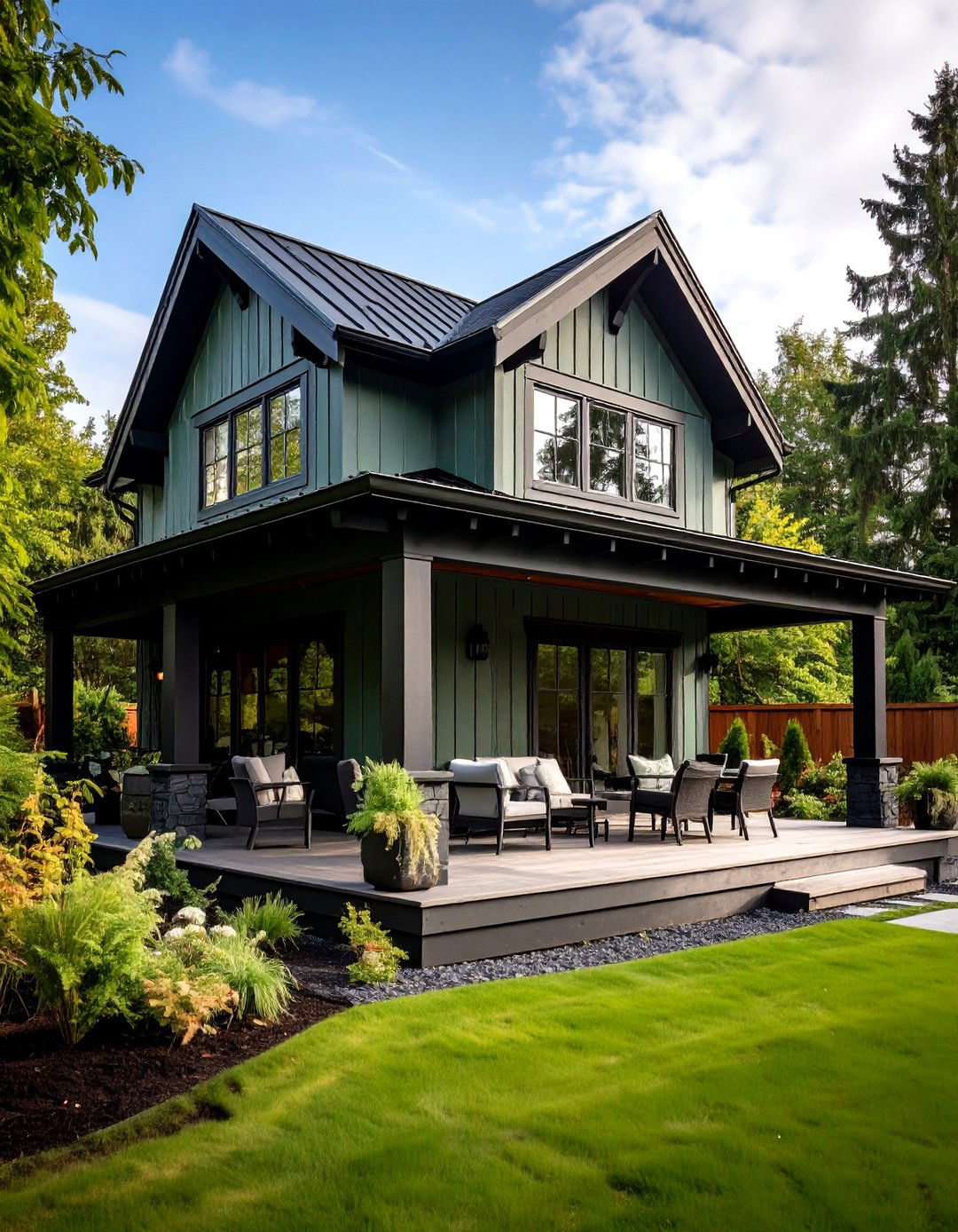 Sage Green House with Black Patio Roof and Trim - 20 Sage Green House With Black Trim Ideas