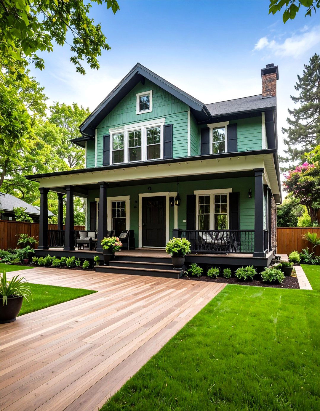 Sage Green House with Black Porch Columns - 20 Sage Green House With Black Trim Ideas