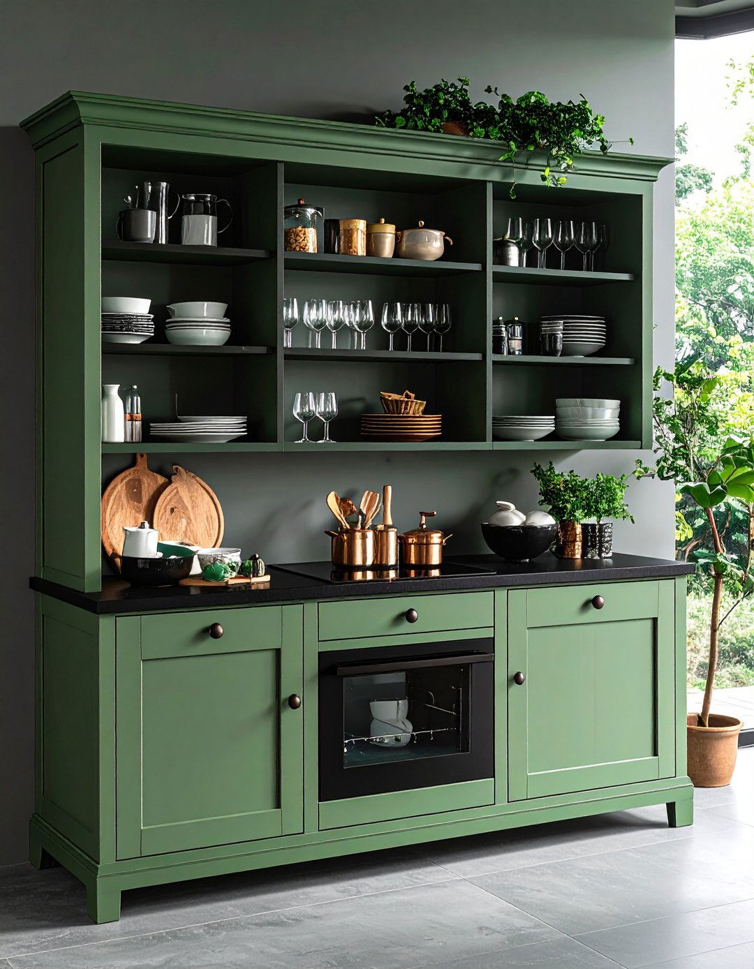 Sage Green Hutch with Black Countertop Display - 20 Sage Green and Black Kitchen Ideas