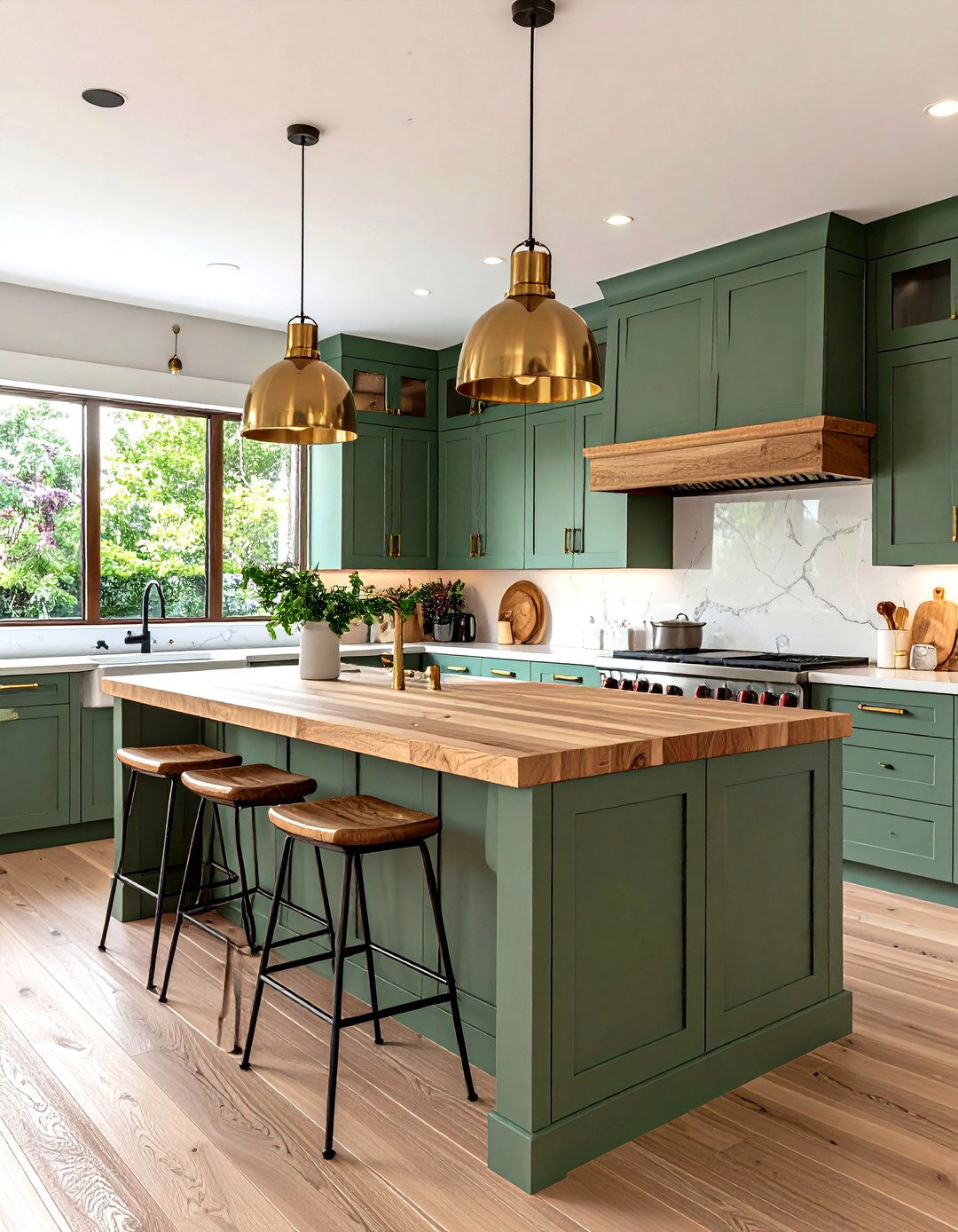Sage Green Kitchen Island with Oak Butcher Block Open Concept Layout - 20 Sage Green Kitchen Cabinets With Butcher Block Countertops