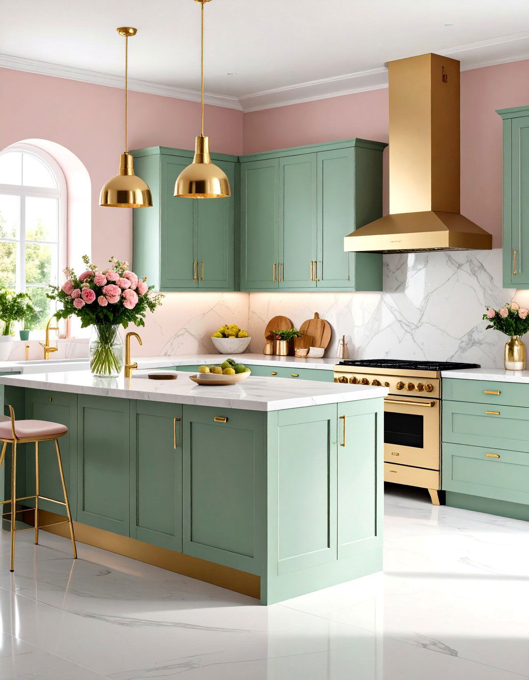 Sage Green Kitchen with Glass Front Cabinets and Curated Display Styling