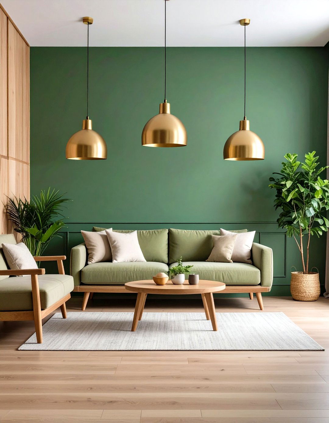 Sage Green Living Room Walls with Brass Fixtures - 20 Green and Gold Living Room Ideas
