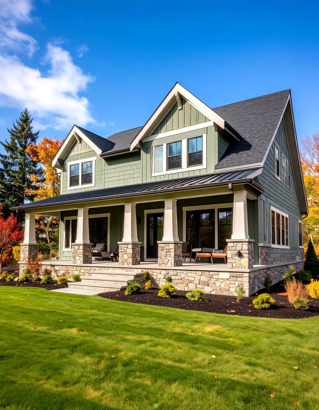 Sage Green Modern Farmhouse Exterior with Natural Stone Accents - 20 Modern Farmhouse Exterior