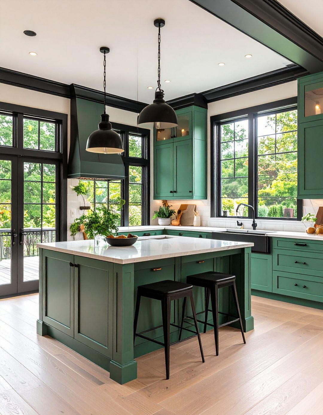 Sage Green Open Concept Kitchen with Black Trim - 20 Sage Green and Black Kitchen Ideas
