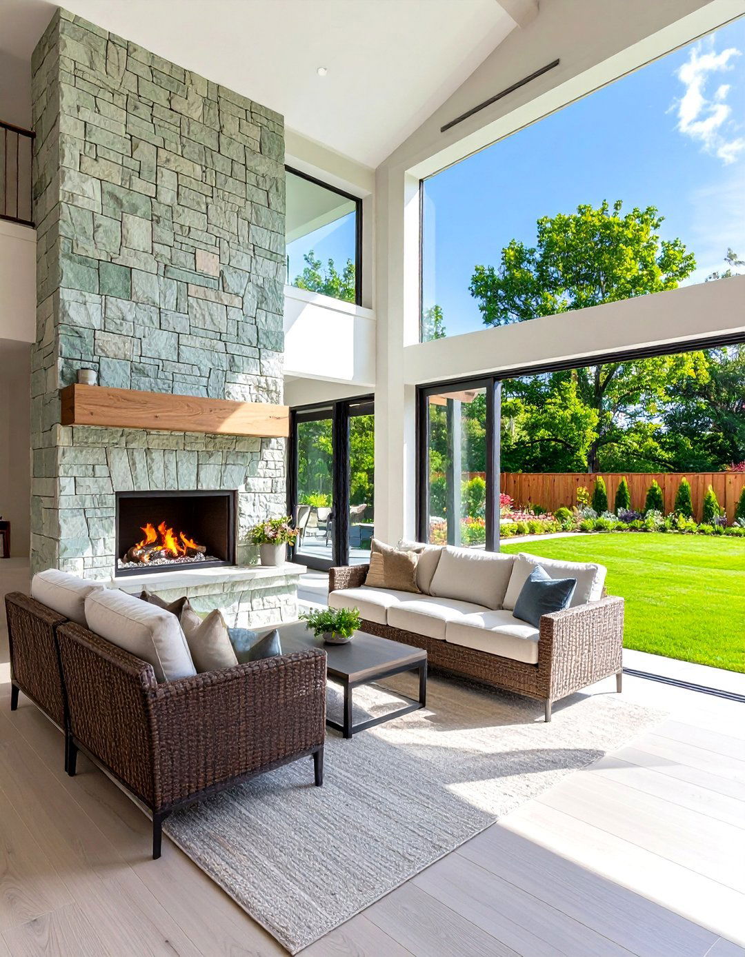 Sage Green Outdoor Indoor Fireplace Room - 20 Sage Green Fireplace Ideas