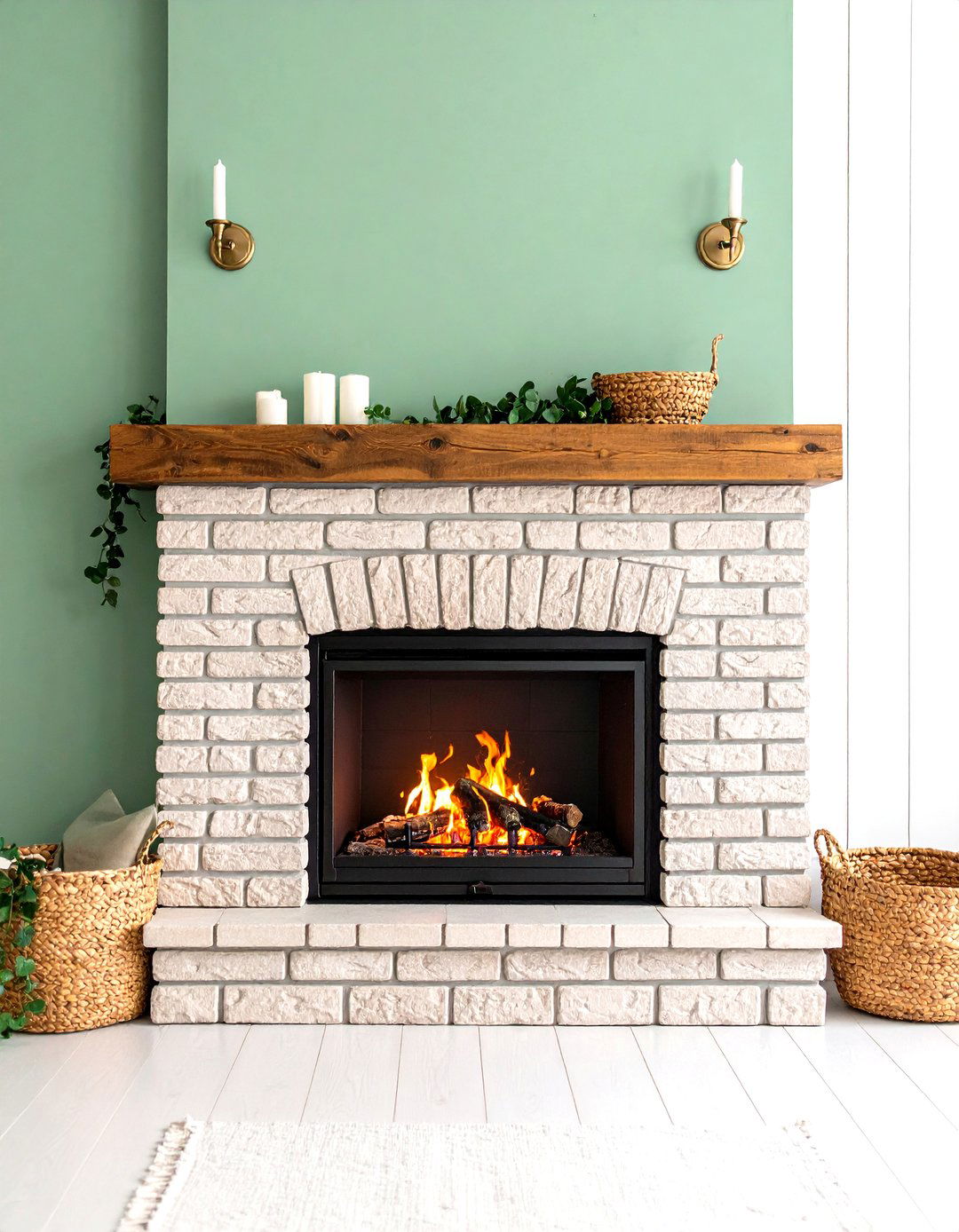 Sage Green Painted Brick Farmhouse Fireplace - 20 Sage Green Fireplace Ideas
