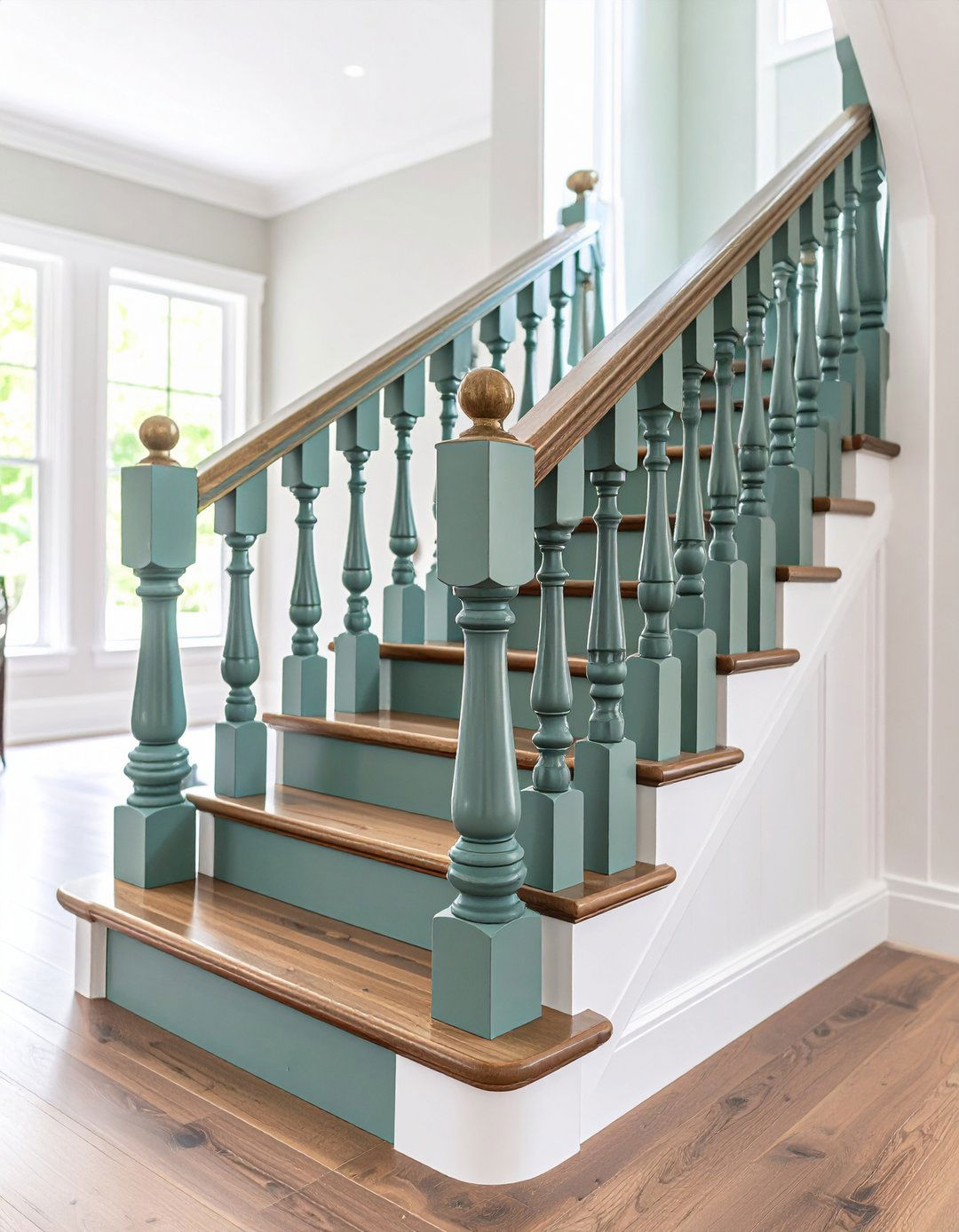 Sage Green Painted Stair Railing Accent - 20 Farmhouse Rustic Stair Railing Ideas