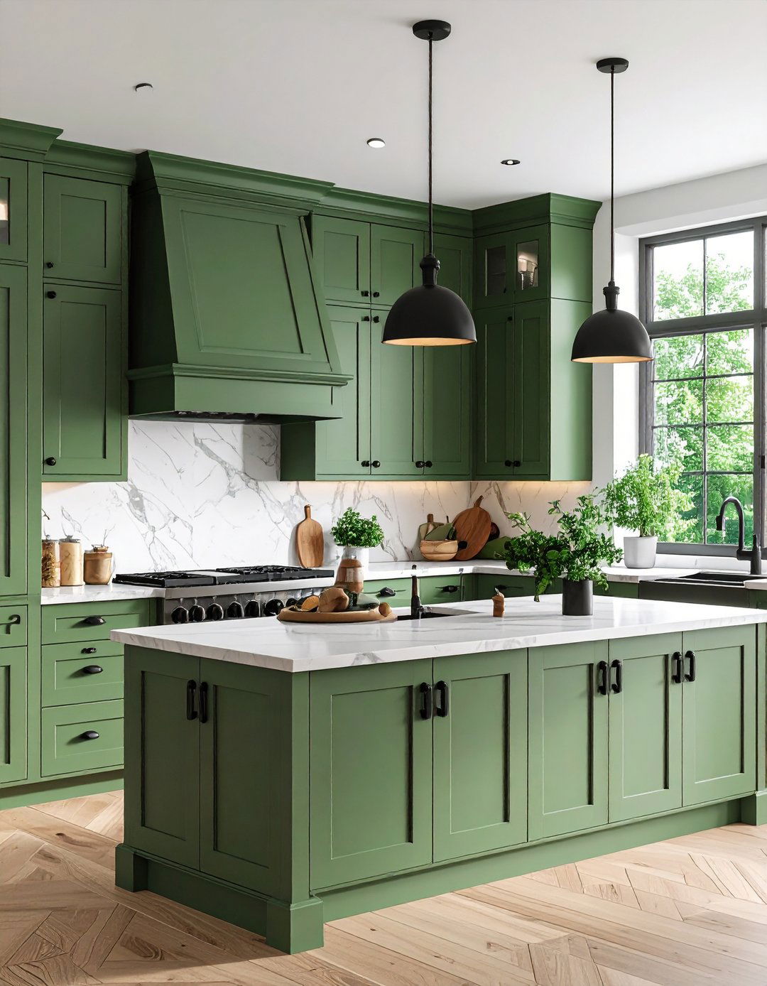 Sage Green Paneled Cabinets with Black Oversized Handles - 20 Sage Green and Black Kitchen Ideas