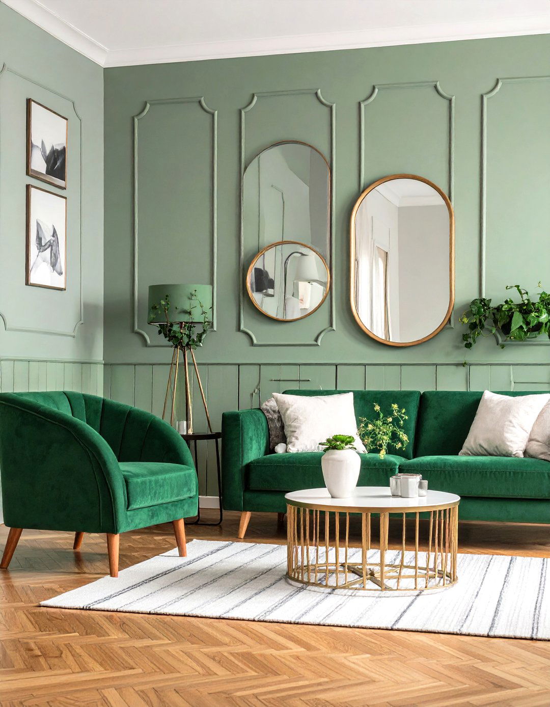 Sage Green Paneling Highlights Light Grey Walls - 20 Grey and Sage Green Living Room Ideas