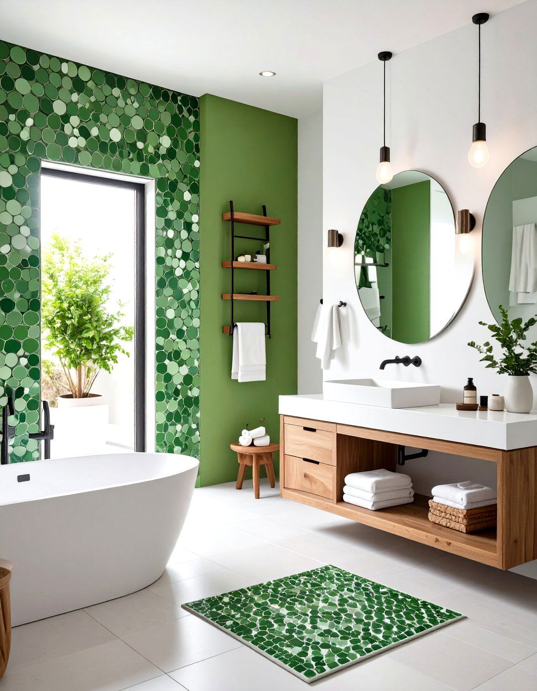 Sage Green Penny Round Tile Accent - 20 Green Bathroom Tile Ideas