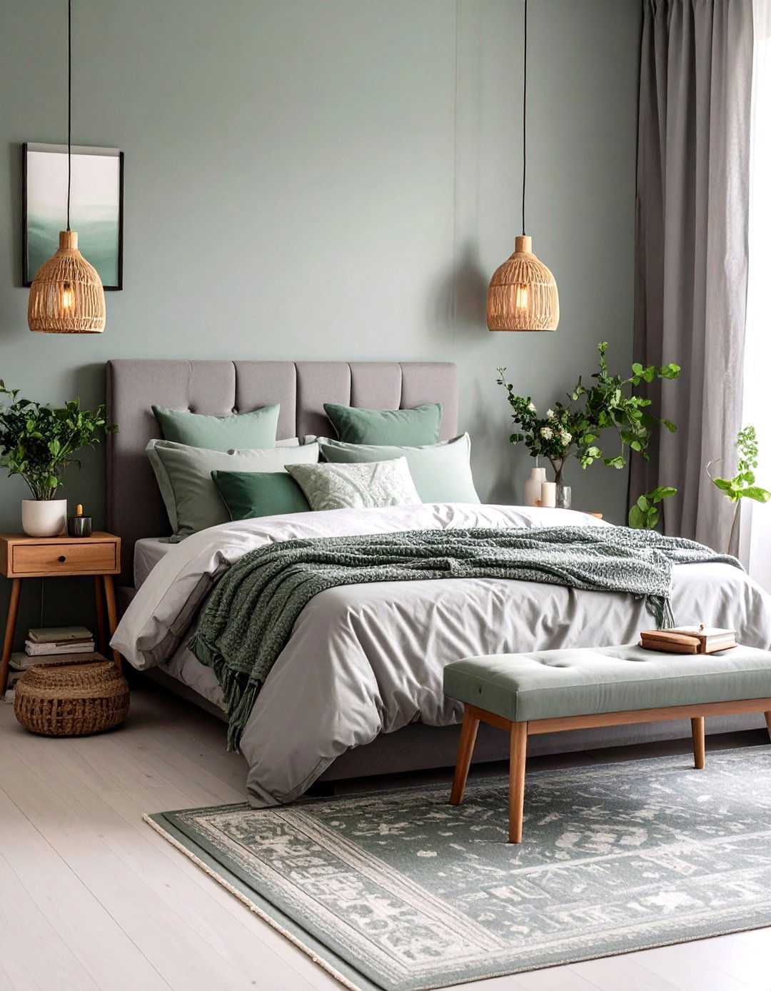 Sage Green Pops Refresh a Grey Boho Bedroom Palette - 20 Grey Boho Bedroom Ideas