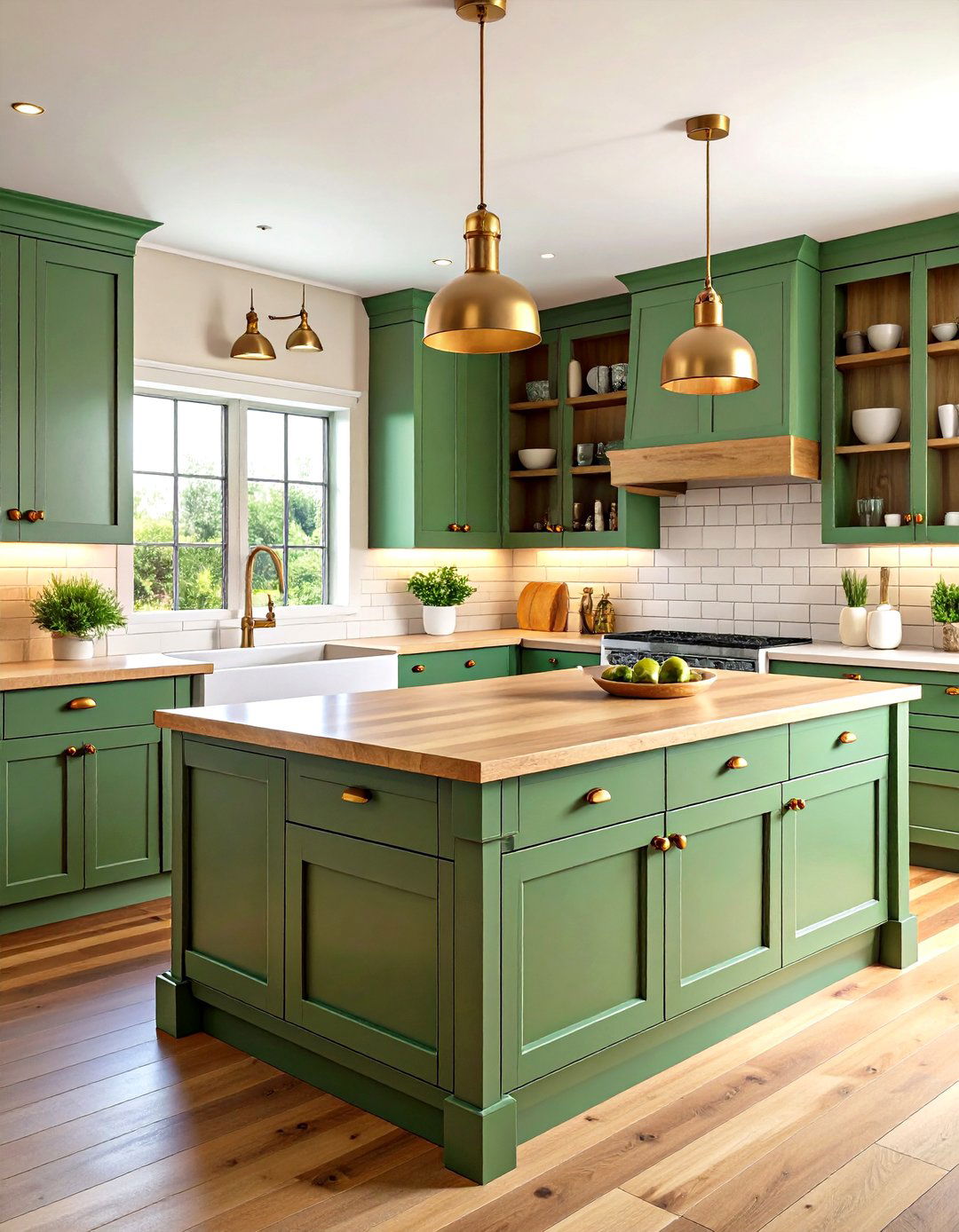 Sage Green Shaker Cabinets with Maple Butcher Block Farmhouse Kitchen - 20 Sage Green Kitchen Cabinets With Butcher Block Countertops