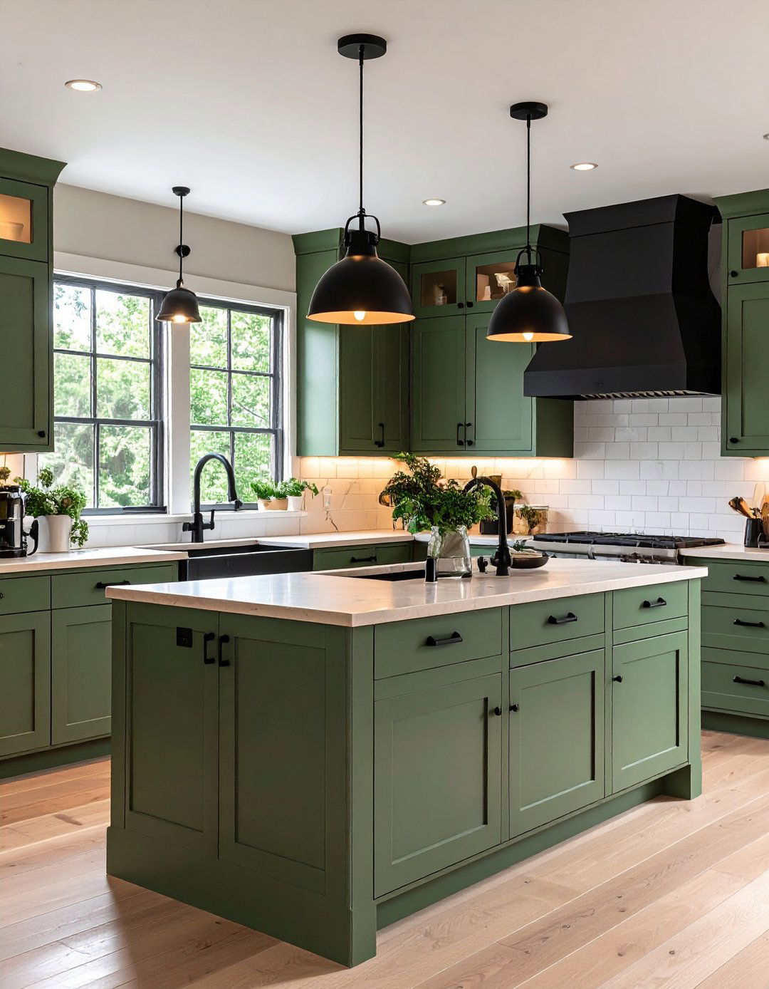 Sage Green Shaker Cabinets with Matte Black Fixtures - 20 Sage Green and Black Kitchen Ideas